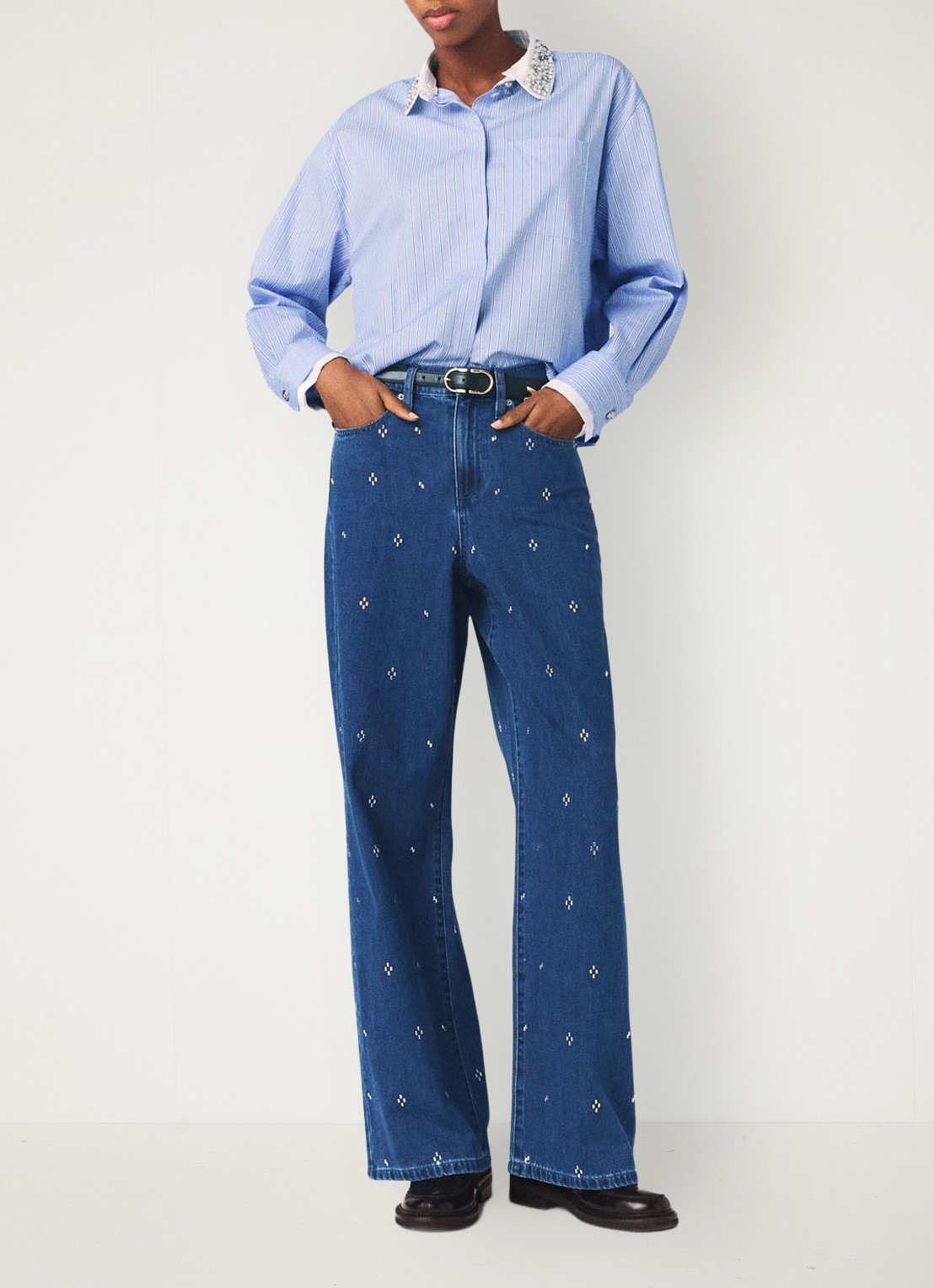 Maje High waist wide fit jeans met strass - voorkant 7 donkerblauw