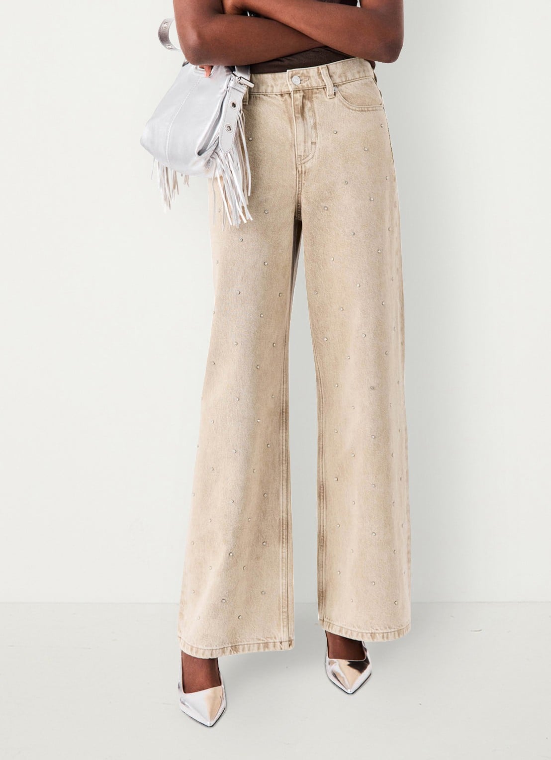 Maje High waist wide fit jeans met strass - detail 4 beige / beige