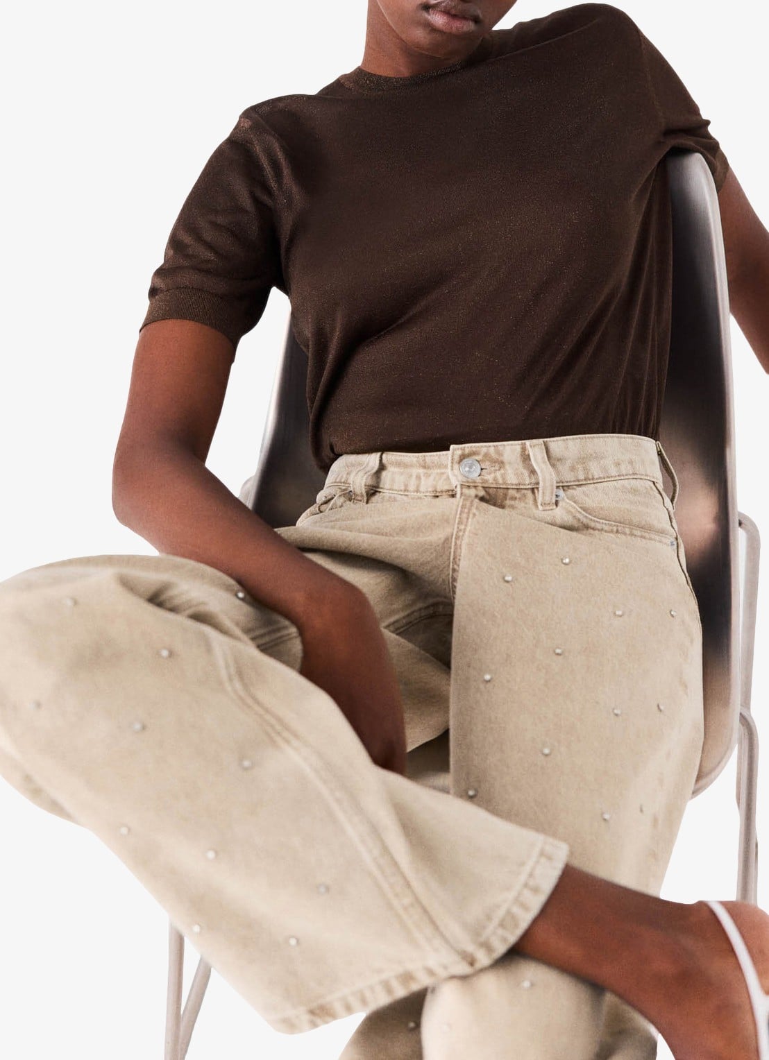 Maje High waist wide fit jeans met strass - detail 6 beige / beige