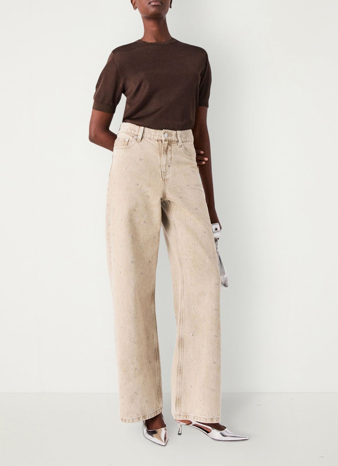 Maje High waist wide fit jeans met strass - detail 8 beige / beige