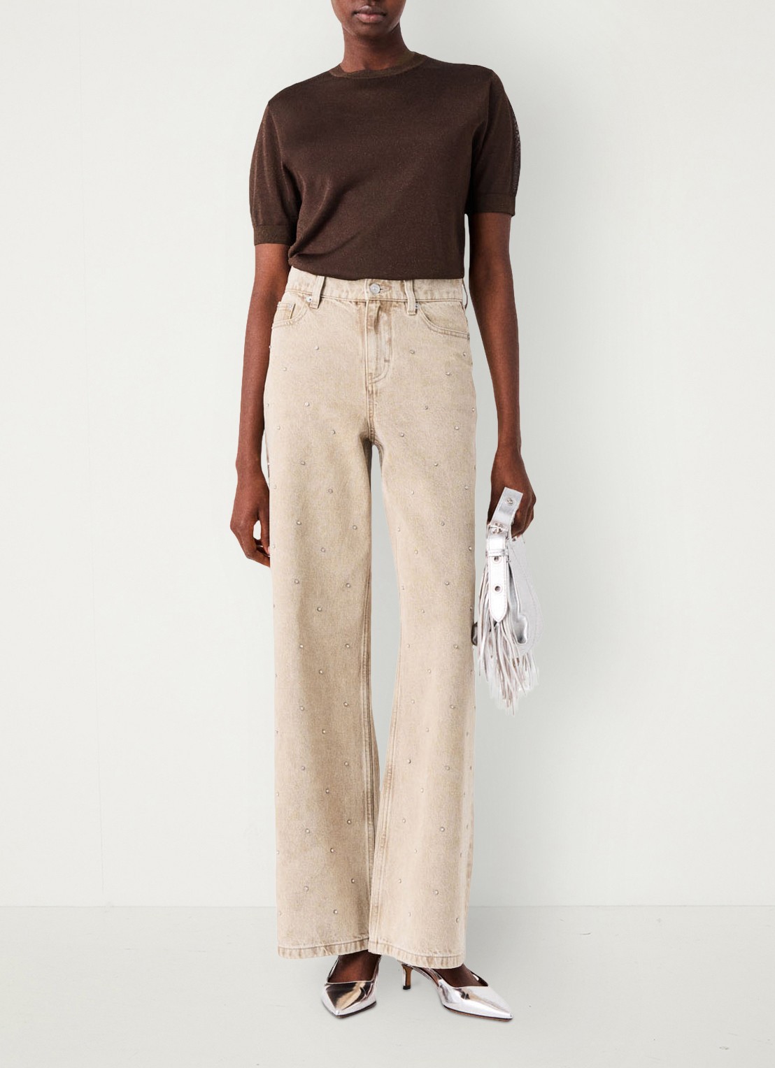 Maje High waist wide fit jeans met strass - voorkant 3 beige / beige