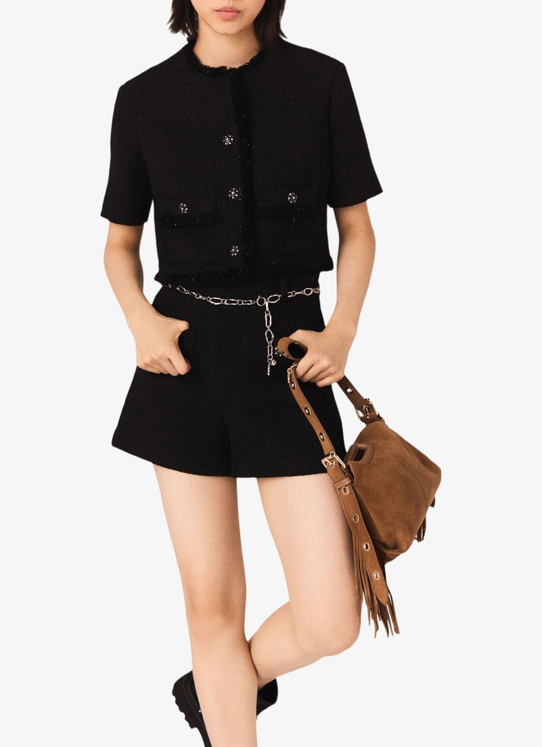 Maje High waist wide fit korte broek met tweed-look - detail 3 zwart