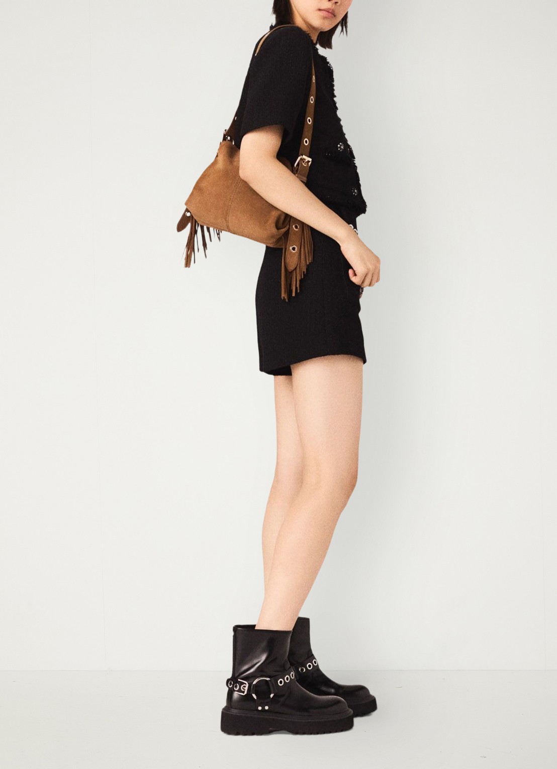 Maje High waist wide fit korte broek met tweed-look - detail 4 zwart