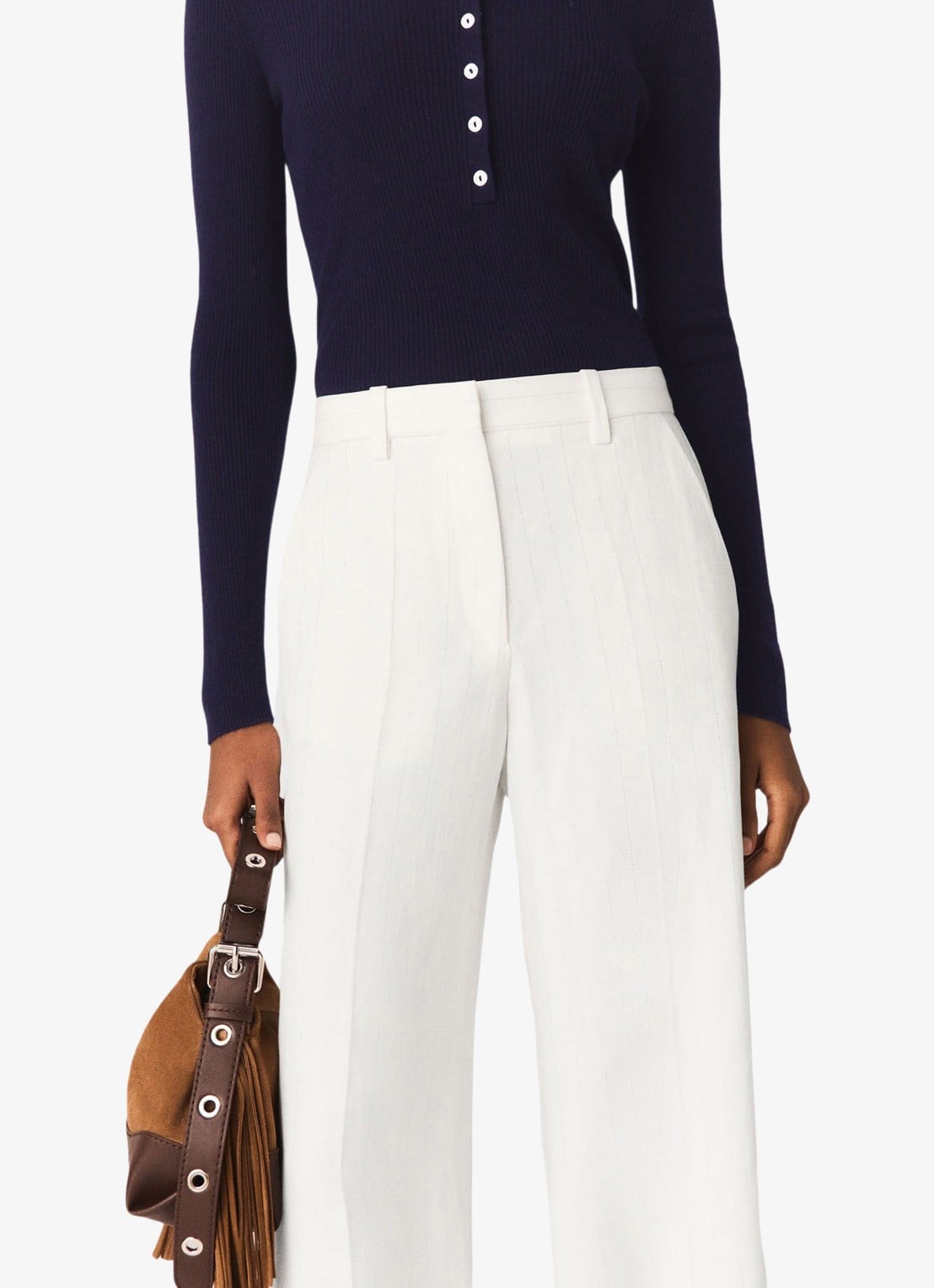 Maje High waist wide fit pantalon in linnenblend met krijtstreep - detail 4 wit