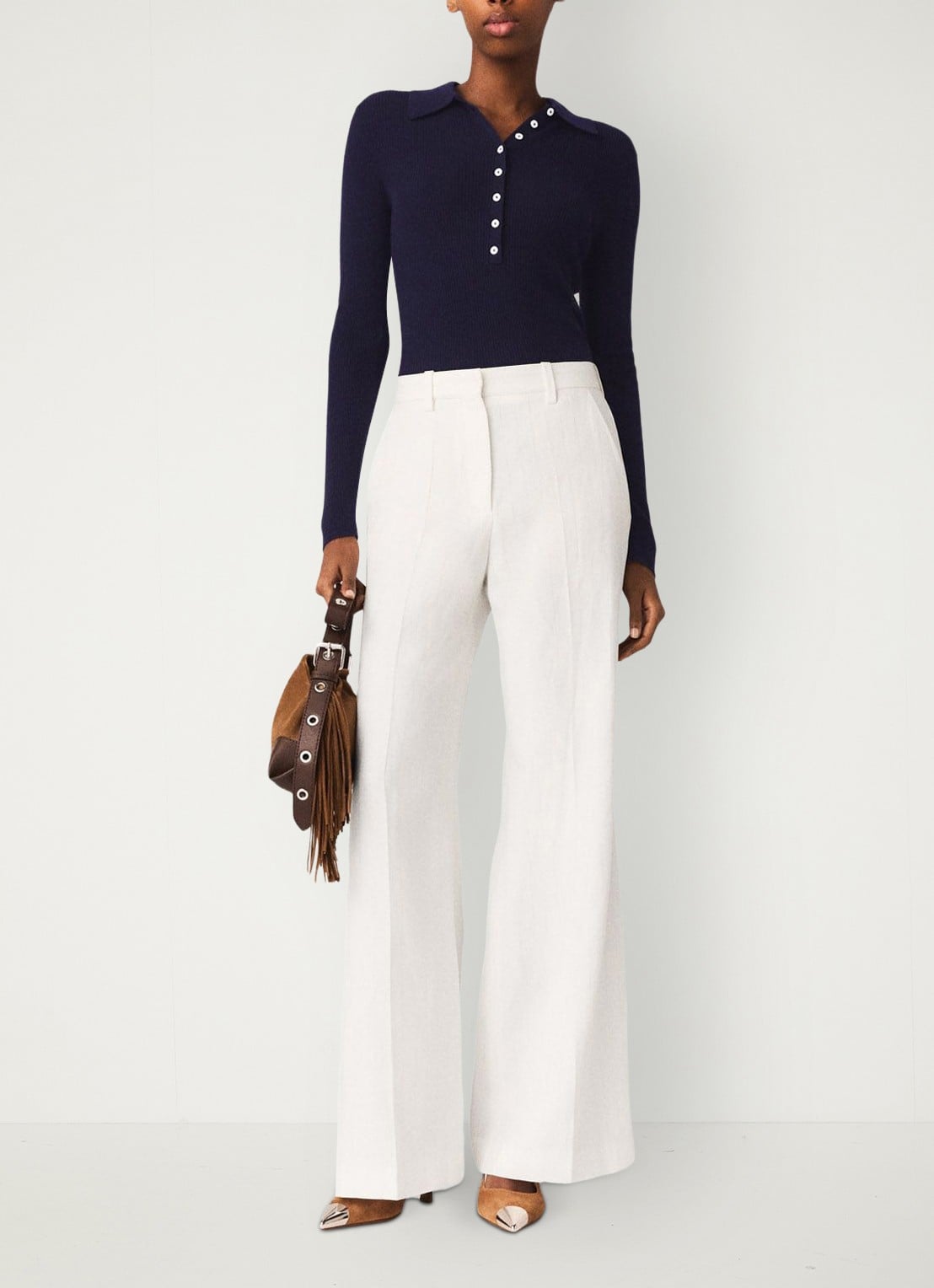 Maje High waist wide fit pantalon in linnenblend met krijtstreep - voorkant 6 wit