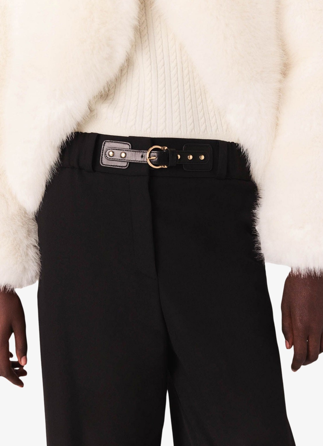 Maje High waist wide fit pantalon in wolblend met gesp - detail 4 zwart
