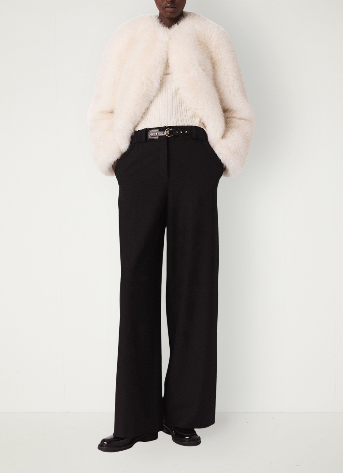 Maje High waist wide fit pantalon in wolblend met gesp - voorkant 6 zwart