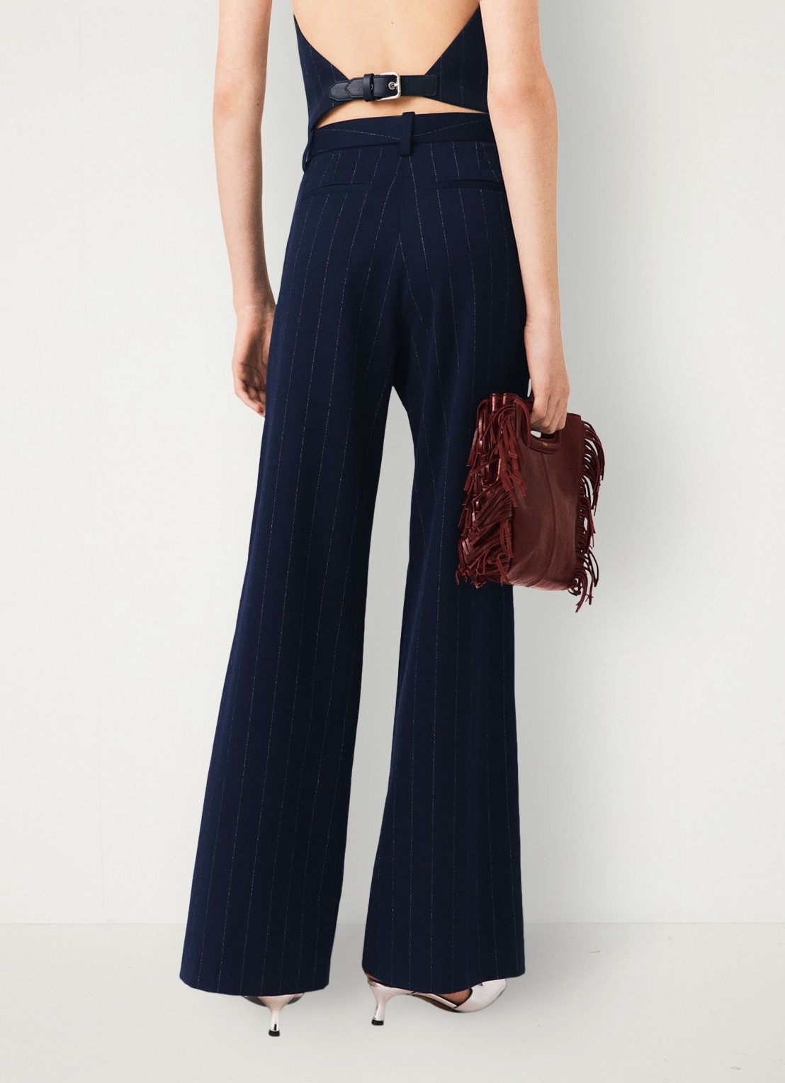 Maje High waist wide fit pantalon in wolblend met krijtstreep - achterkant donkerblauw