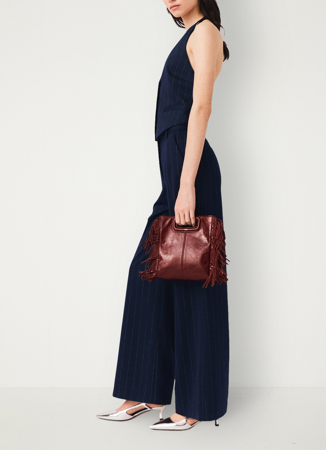 Maje High waist wide fit pantalon in wolblend met krijtstreep - detail 5 donkerblauw