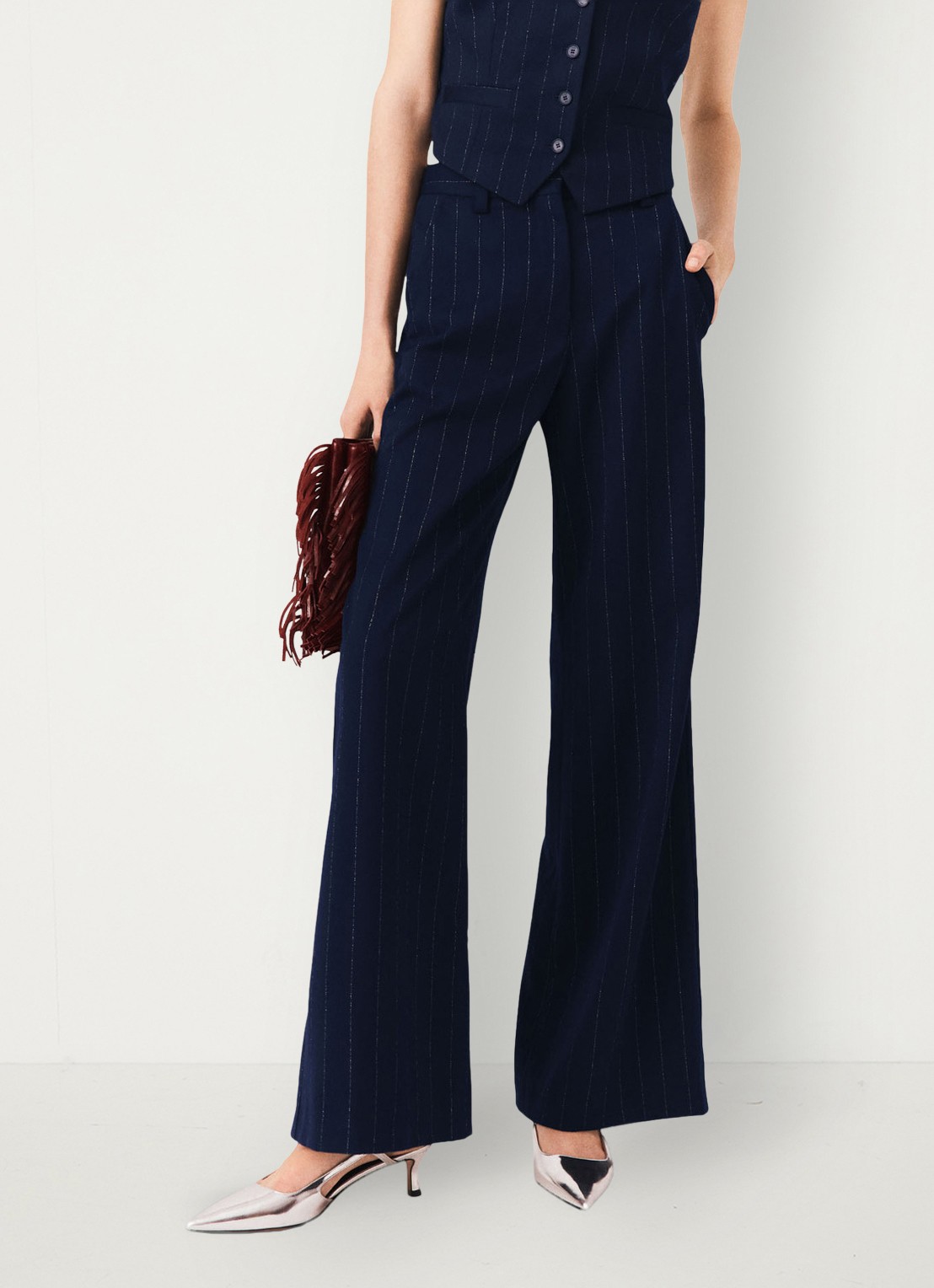 Maje High waist wide fit pantalon in wolblend met krijtstreep - detail 6 donkerblauw