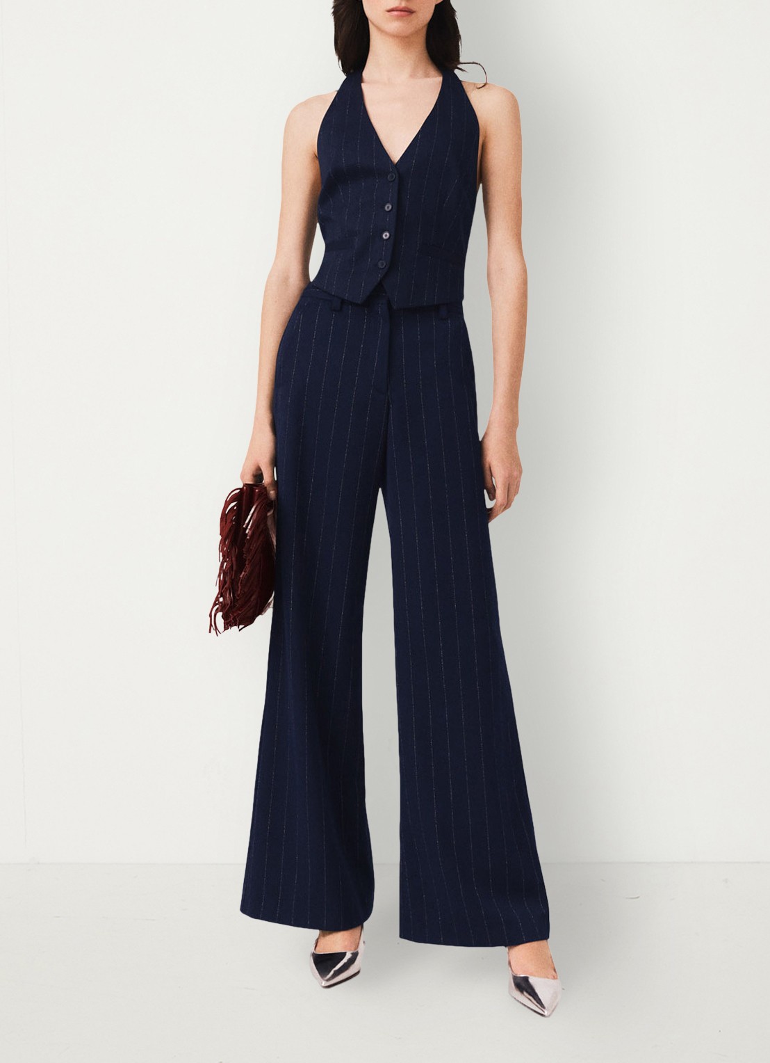 Maje High waist wide fit pantalon in wolblend met krijtstreep - voorkant 3 donkerblauw