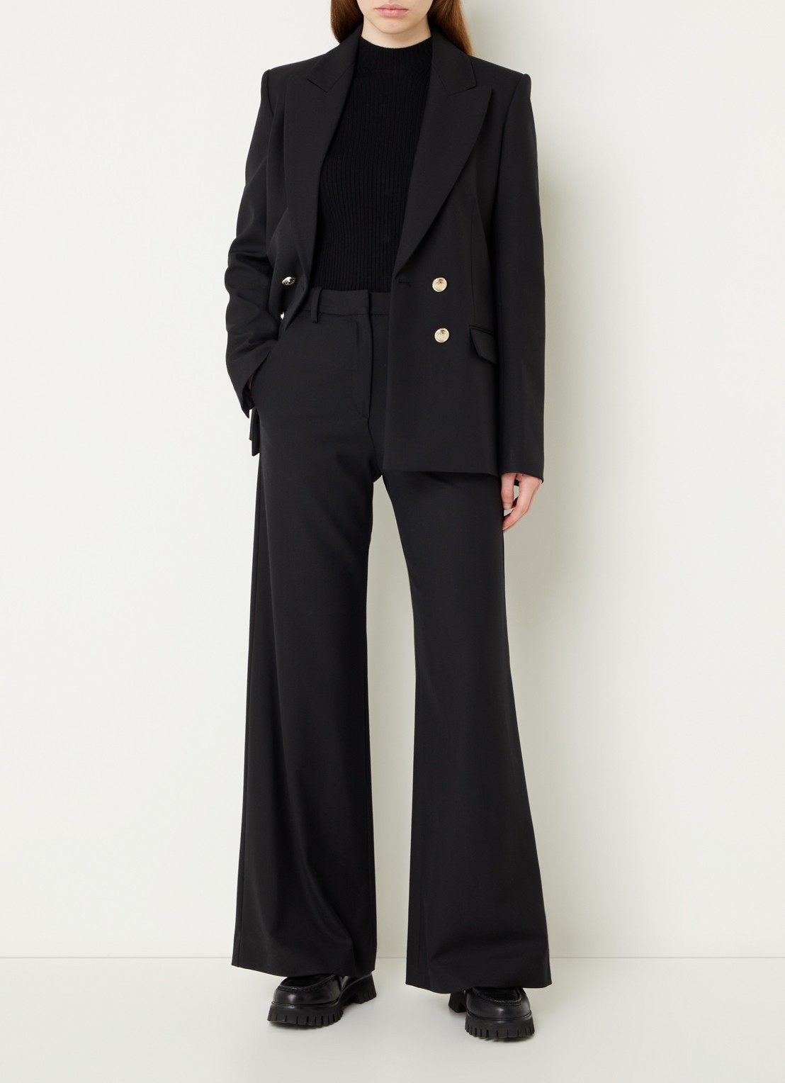 Maje High waist wide fit pantalon in wolblend met steekzakken - voorkant 5 zwart