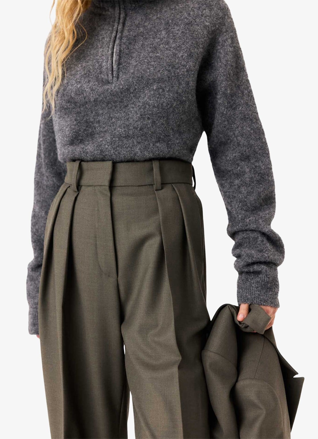 Maje High waist wide fit pantalon in wolblend - detail 4 legergroen