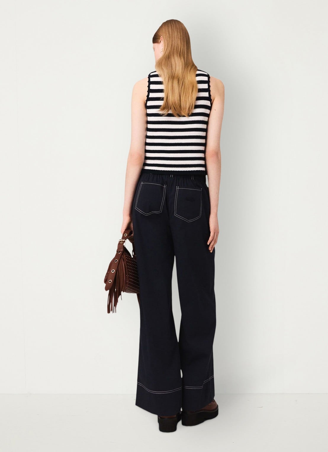 Maje High waist wide fit pantalon met ceintuur - achterkant donkerblauw