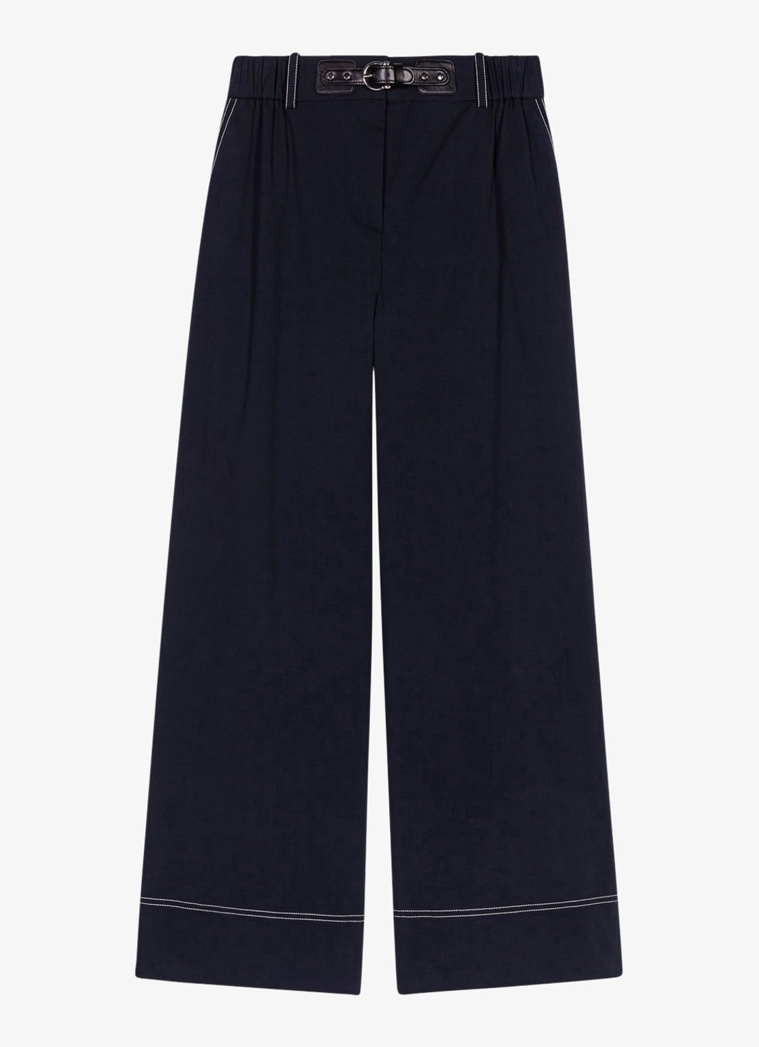 Maje High waist wide fit pantalon met ceintuur - voorkant 2 donkerblauw