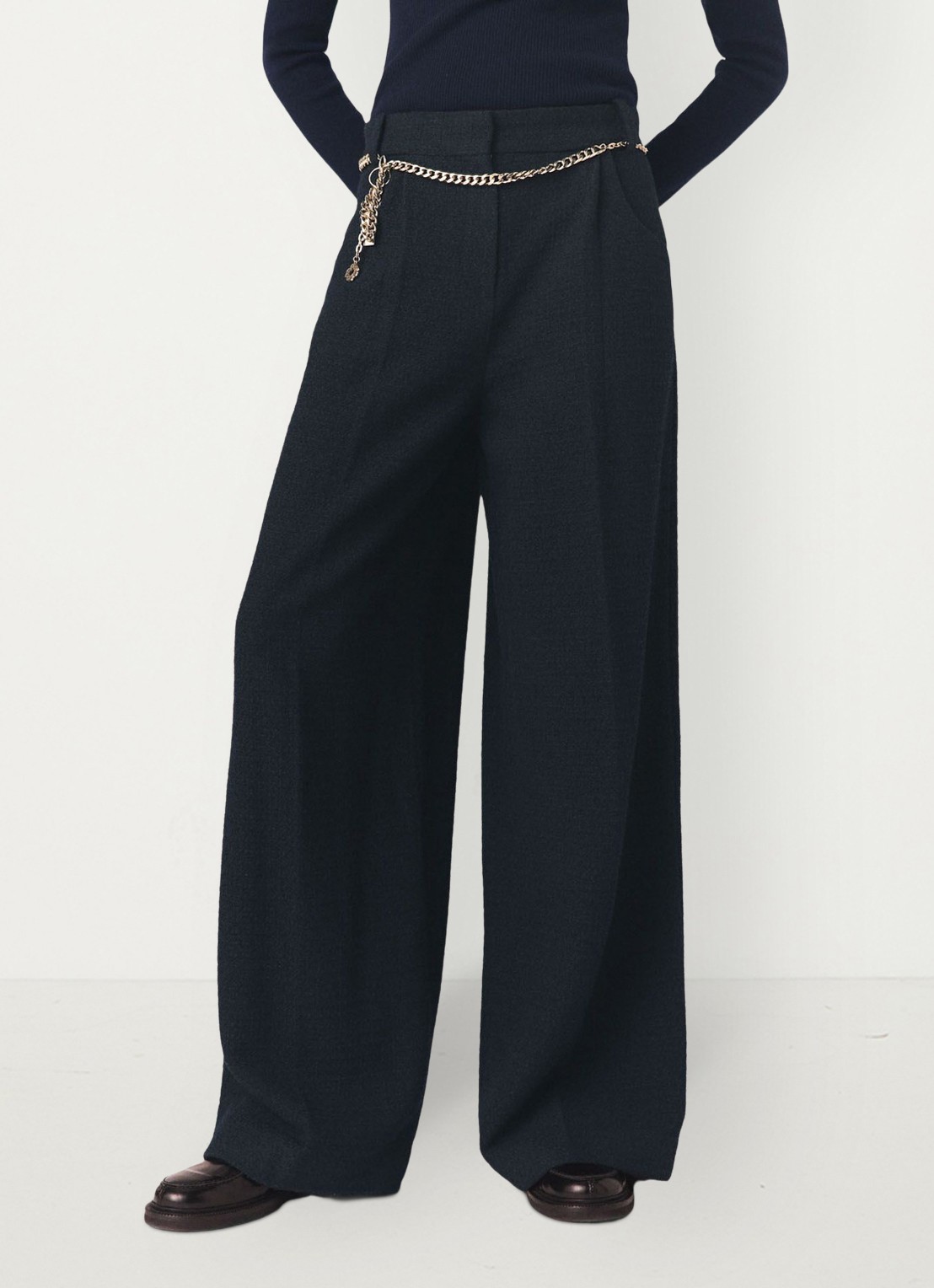 Maje High waist wide fit pantalon met steekzakken - detail 3 donkerblauw