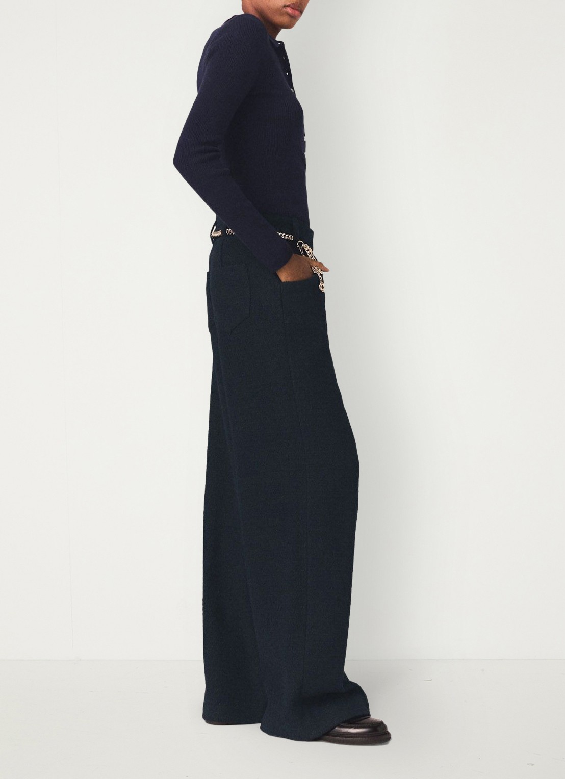 Maje High waist wide fit pantalon met steekzakken - detail 4 donkerblauw