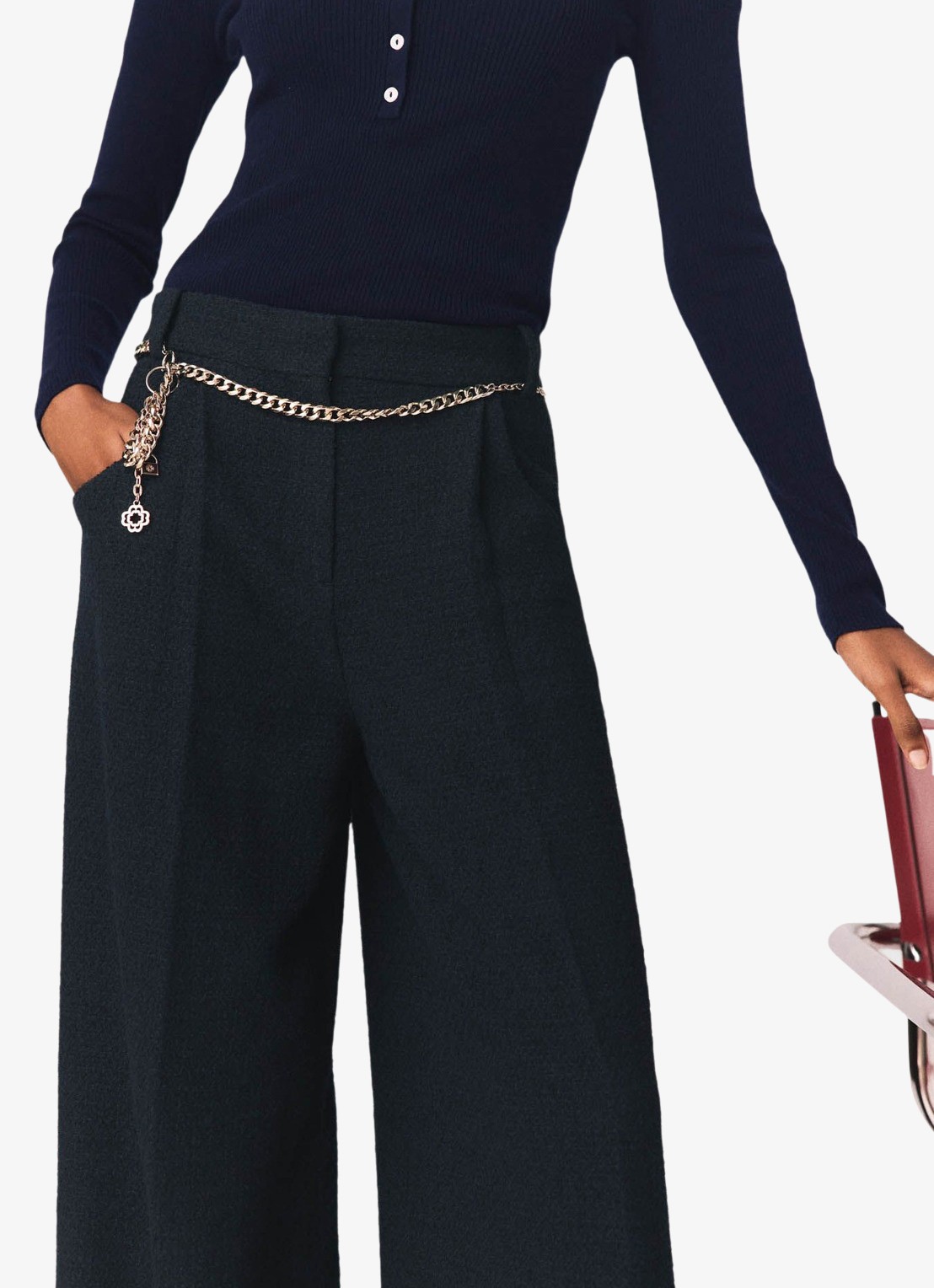 Maje High waist wide fit pantalon met steekzakken - detail 6 donkerblauw