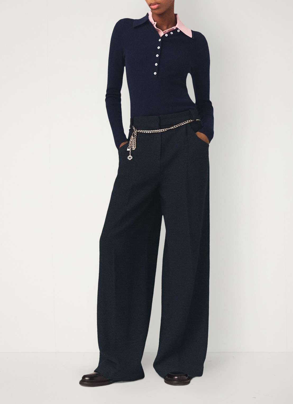 Maje High waist wide fit pantalon met steekzakken - voorkant donkerblauw