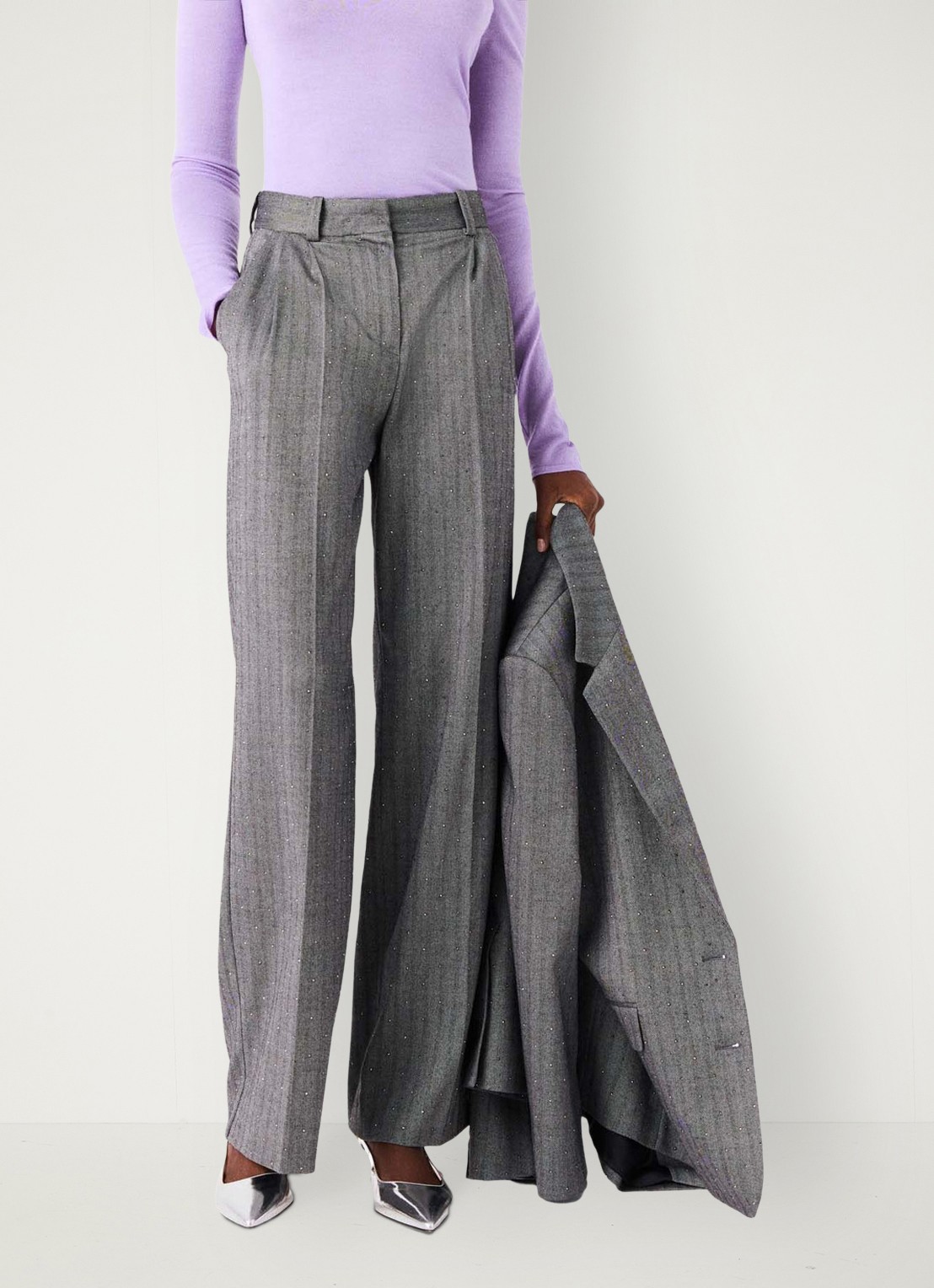 Maje High waist wide fit pantalon met strass - detail 3 grijs