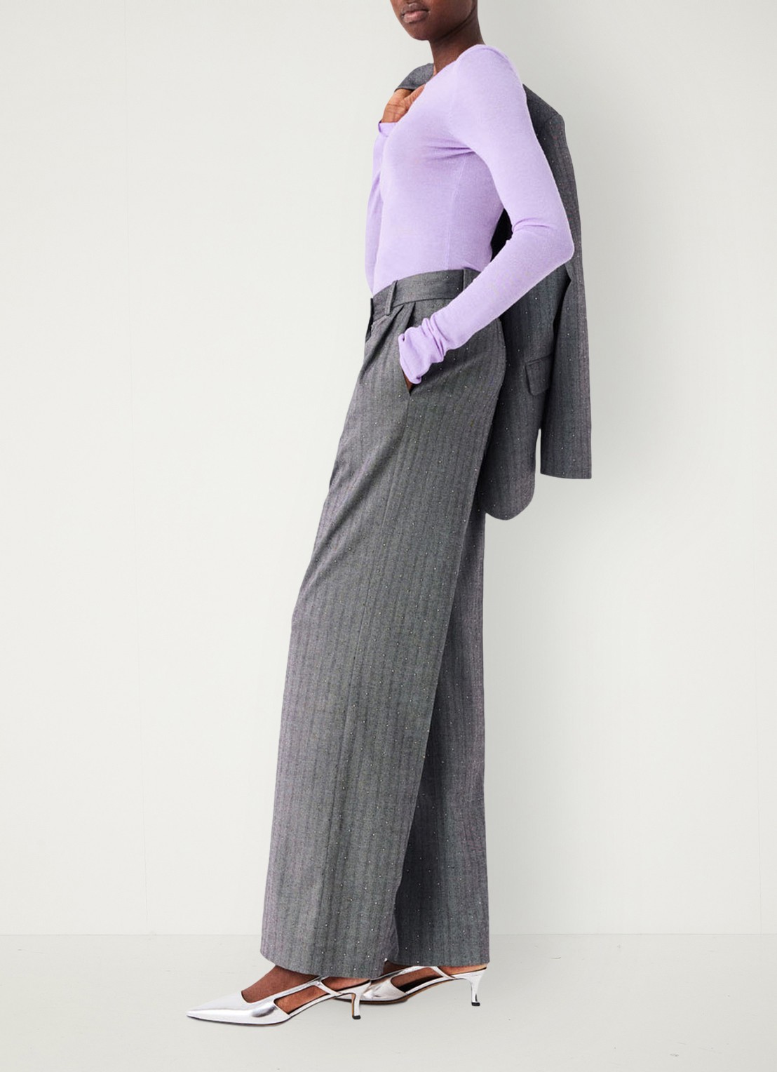 Maje High waist wide fit pantalon met strass - detail 4 grijs
