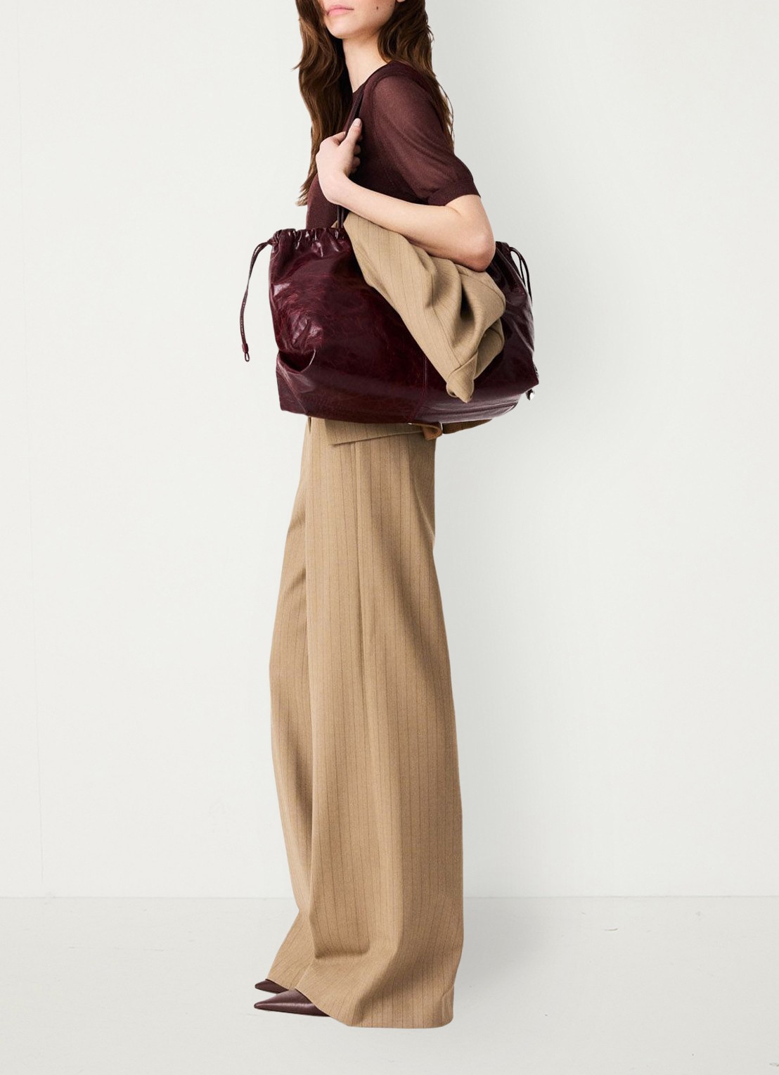 Maje High waist wide fit pantalon met streepprint - detail 2 beige