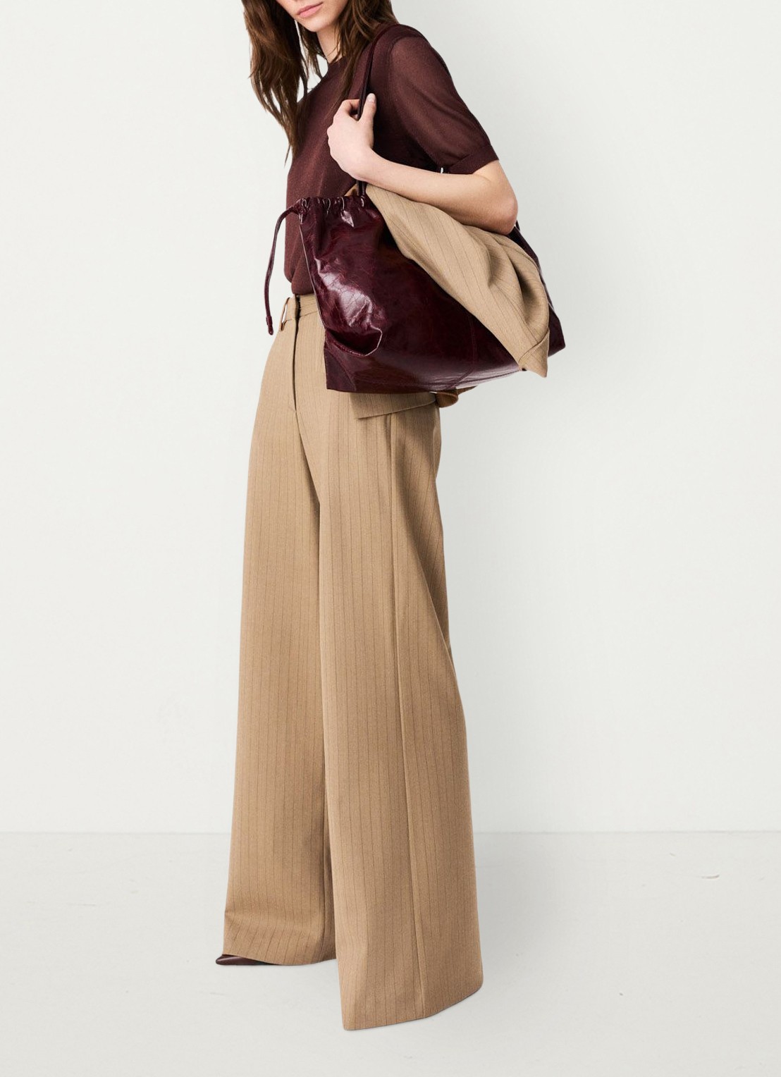Maje High waist wide fit pantalon met streepprint - detail 5 beige