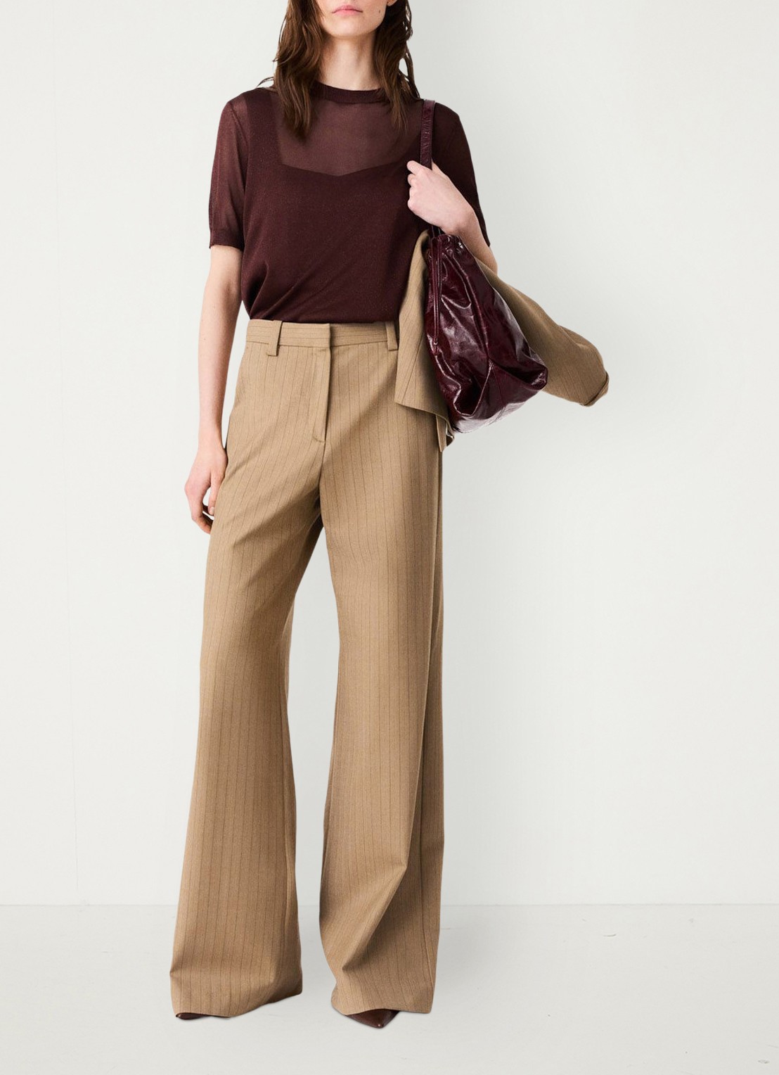 Maje High waist wide fit pantalon met streepprint - voorkant 8 beige