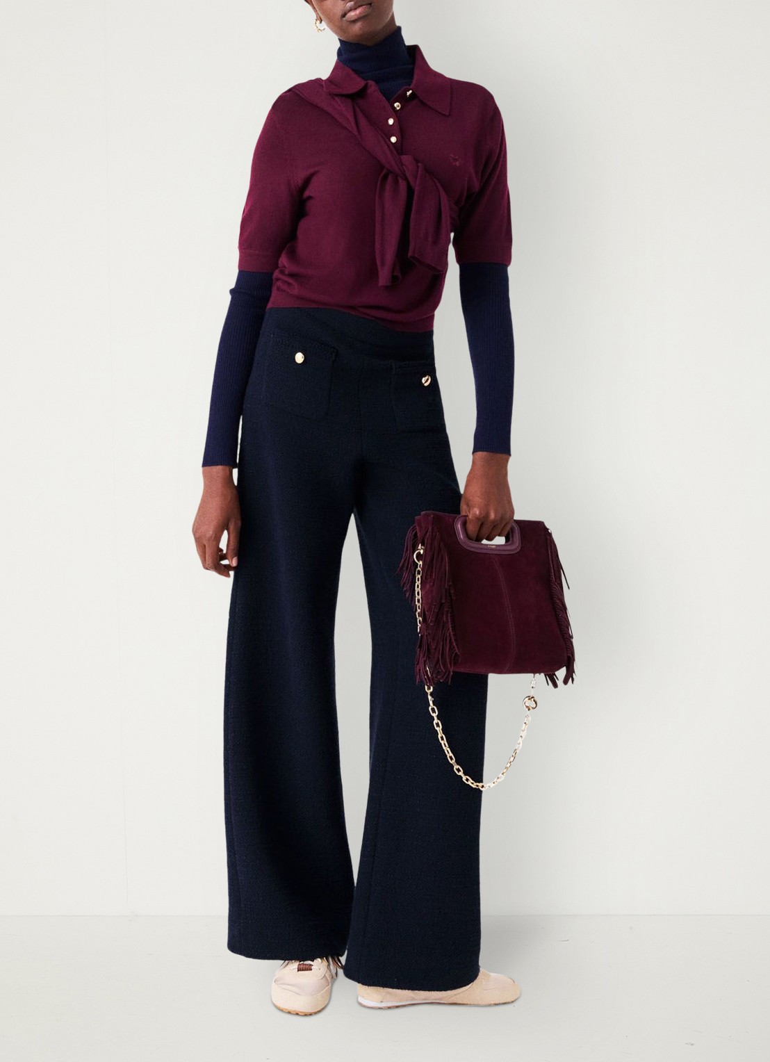 Maje High waist wide fit pantalon met tweed-look - detail 8 donkerblauw