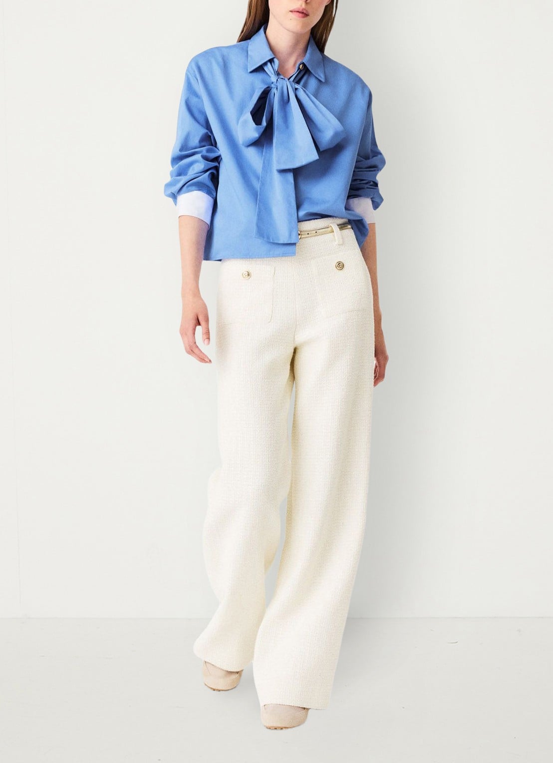 Maje High waist wide fit pantalon van bouclé met opgestikte zakken - detail 2 beige