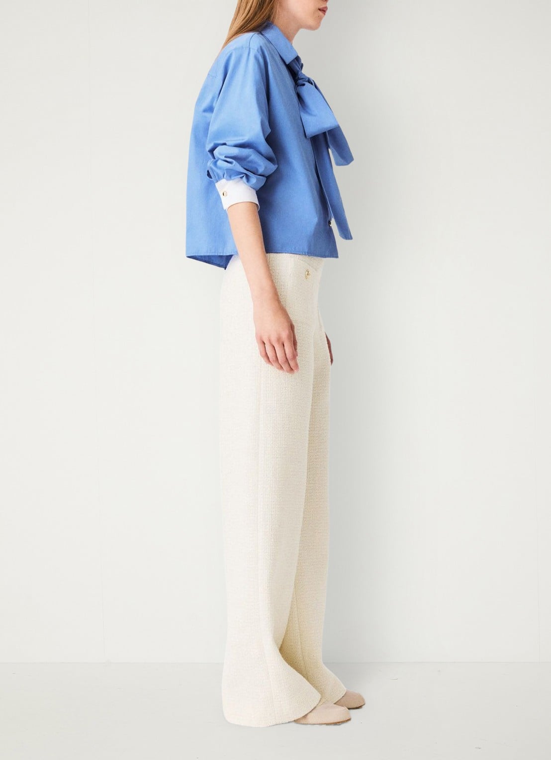 Maje High waist wide fit pantalon van bouclé met opgestikte zakken - detail 3 beige