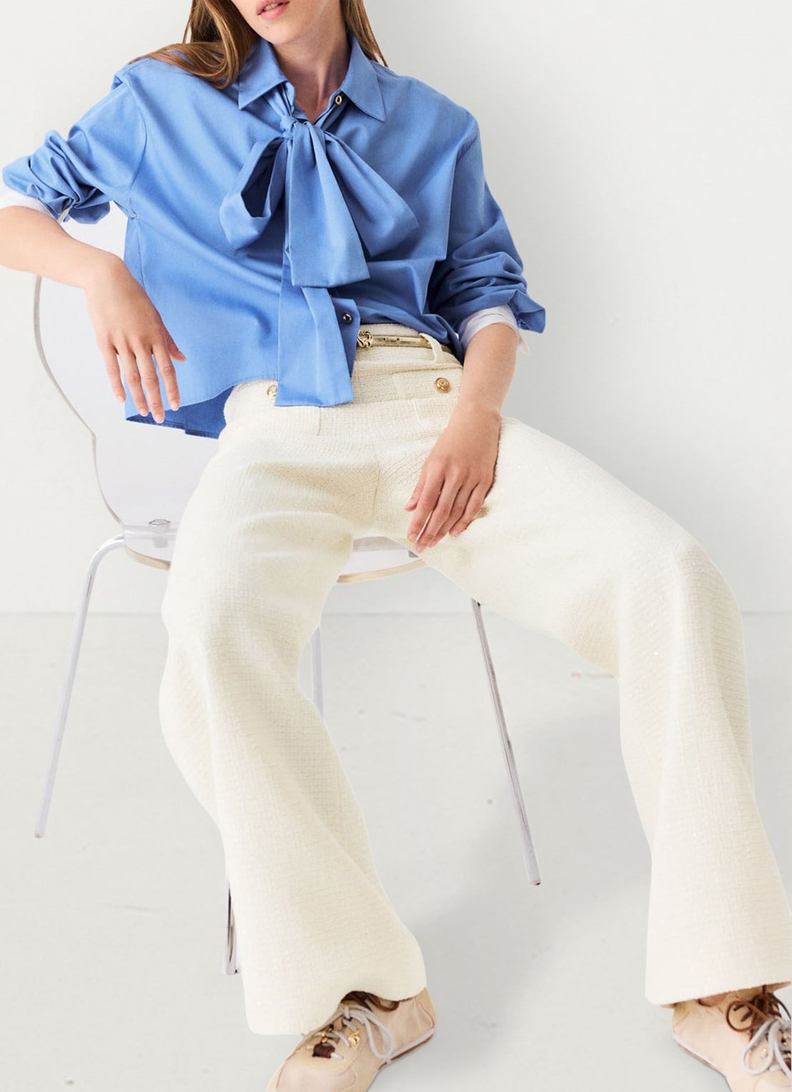 Maje High waist wide fit pantalon van bouclé met opgestikte zakken - detail 4 beige