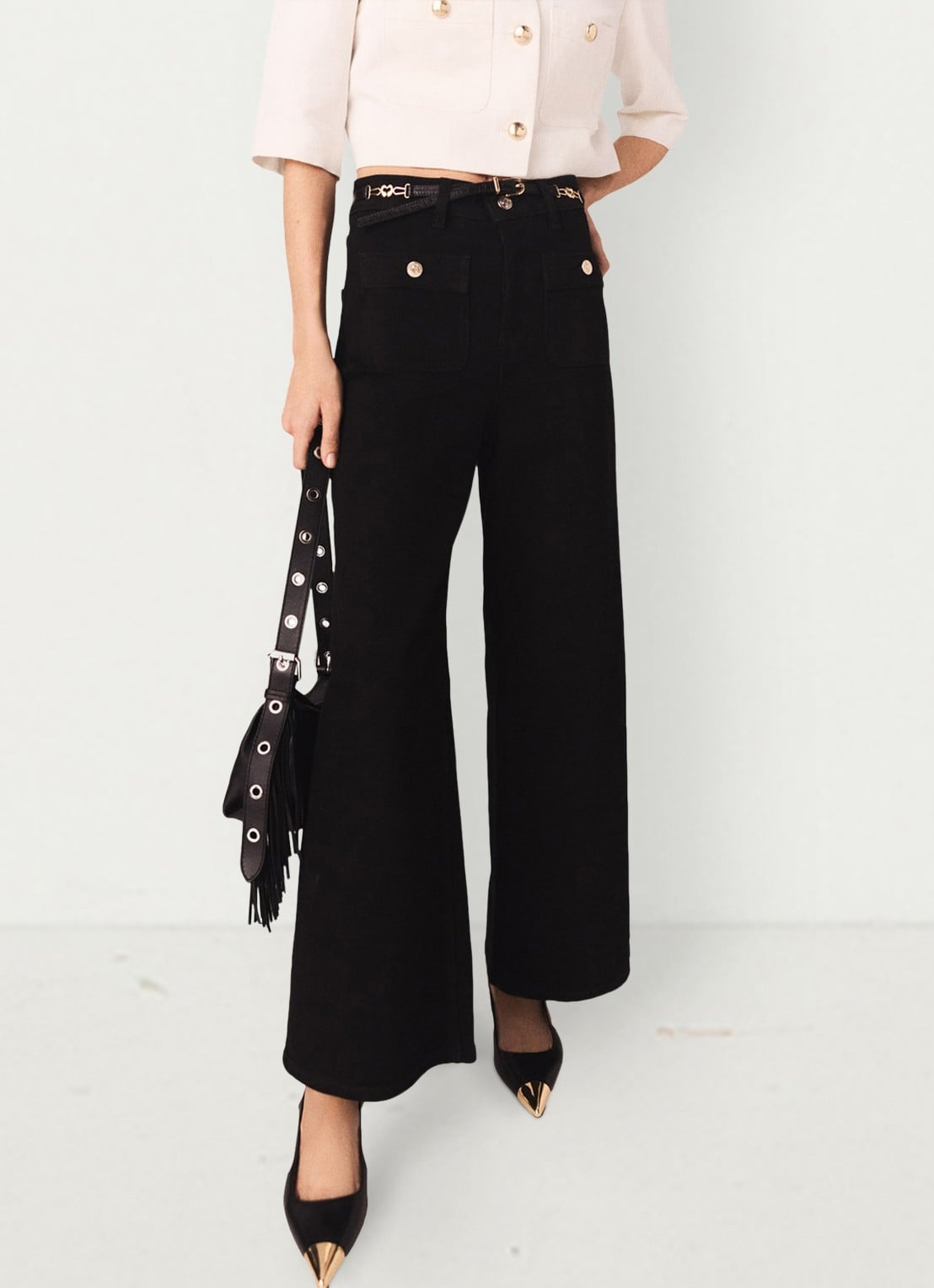 Maje High waist wide leg jeans met opgestikte zakken - detail 2 zwart
