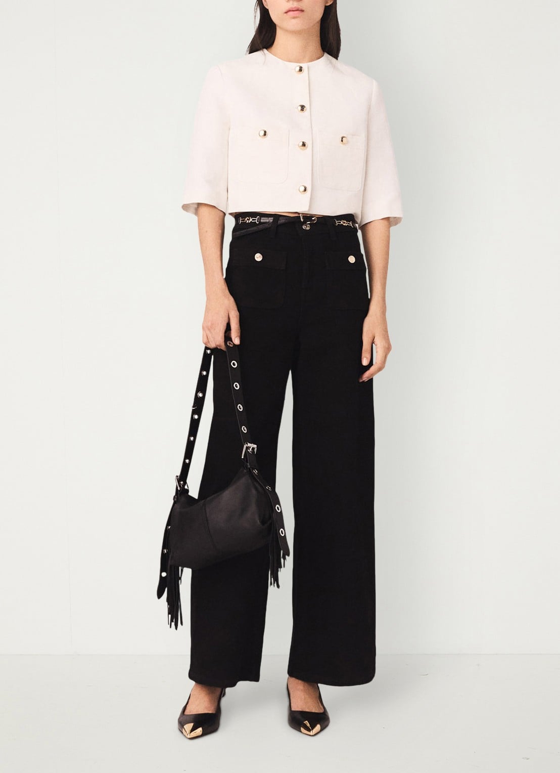 Maje High waist wide leg jeans met opgestikte zakken - voorkant 8 zwart