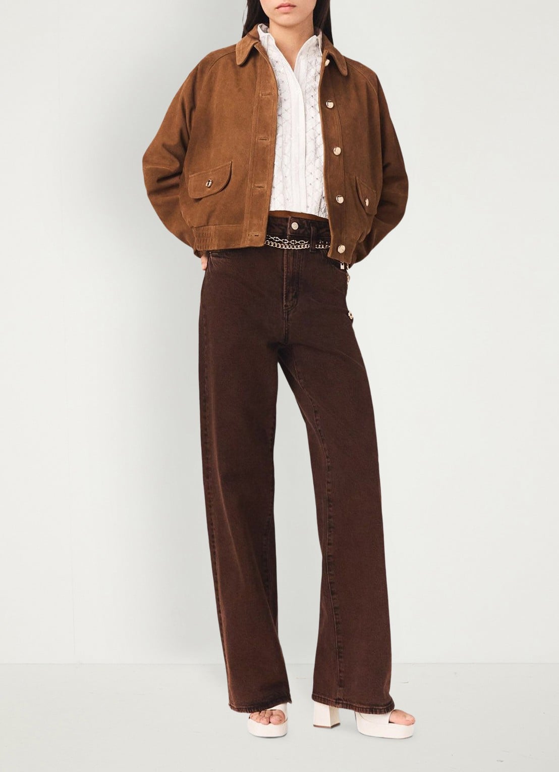 Maje High waist wide leg jeans met steekzakken - voorkant 3 bruin