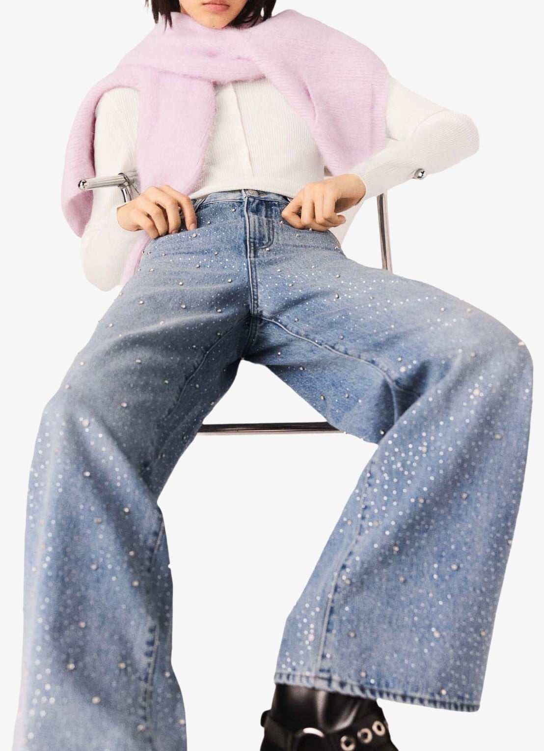 Maje High waist wide leg jeans met strass - detail 5 indigo
