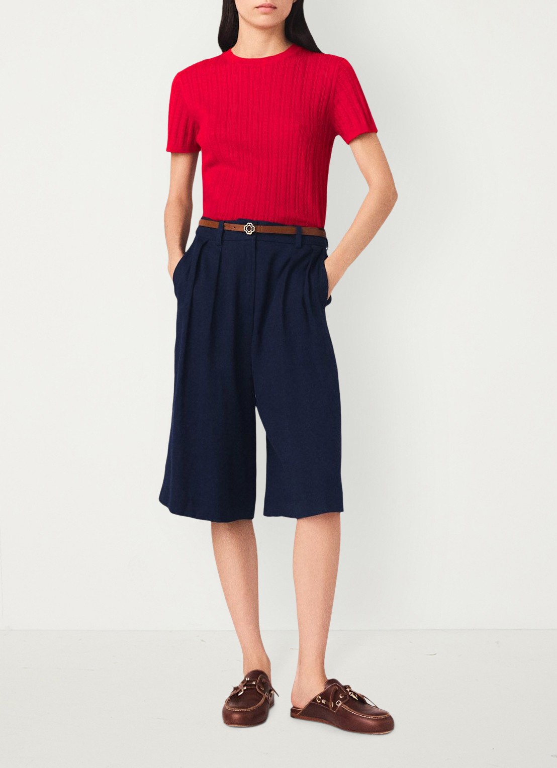 Maje Icailly high waist straight fit bermuda in linnenblend - voorkant 6 donkerblauw