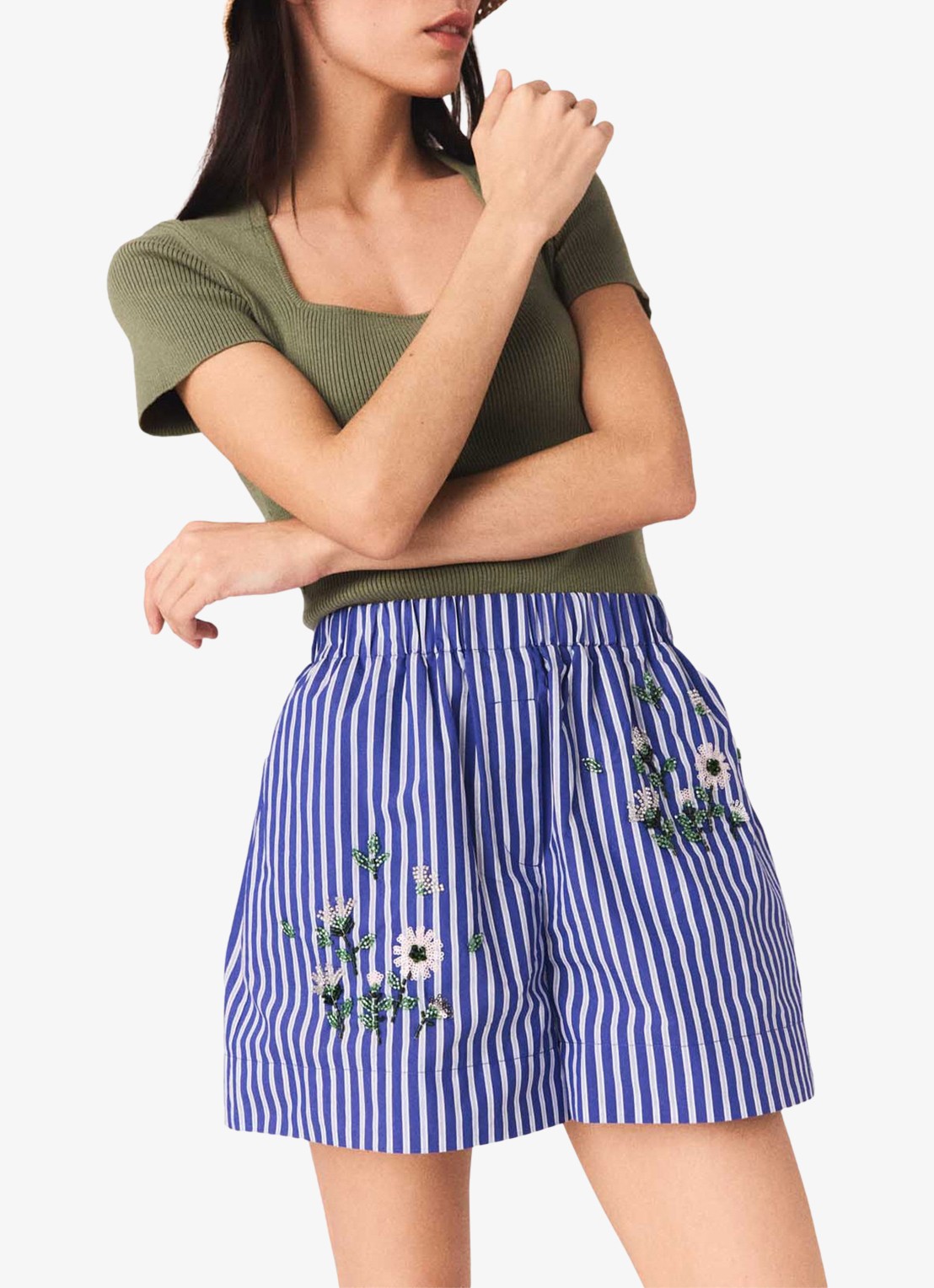Maje Ipearl high waist wide fit korte broek met streepprint - detail blauw