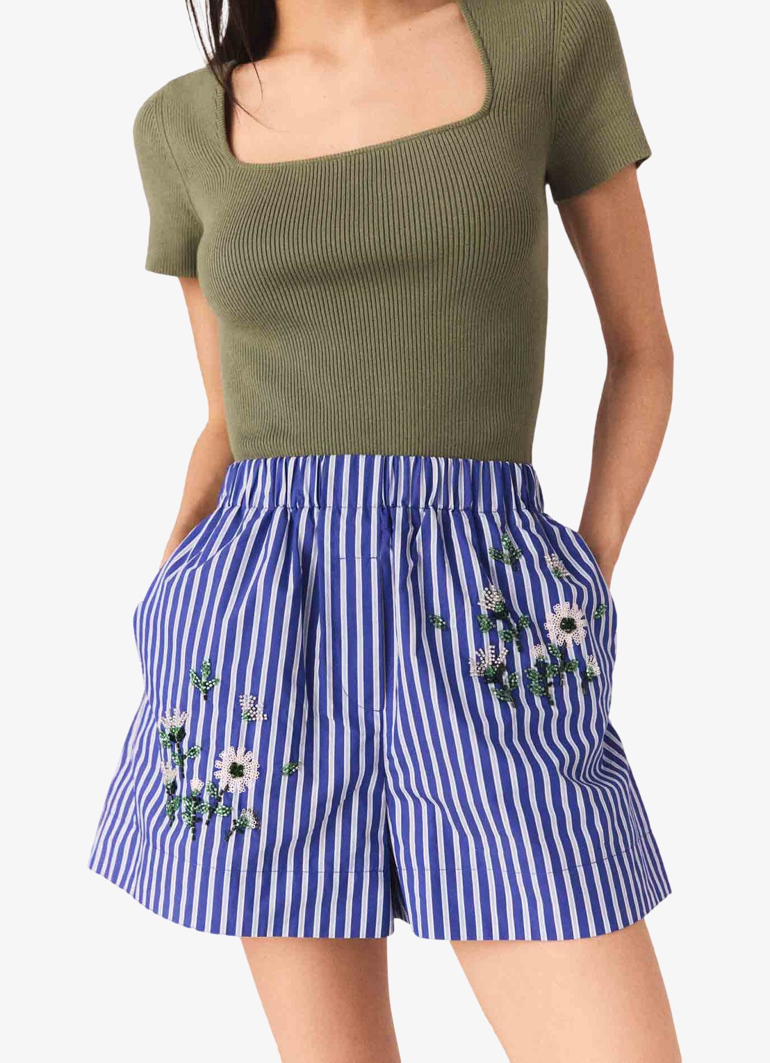 Maje Ipearl high waist wide fit korte broek met streepprint - detail 3 blauw