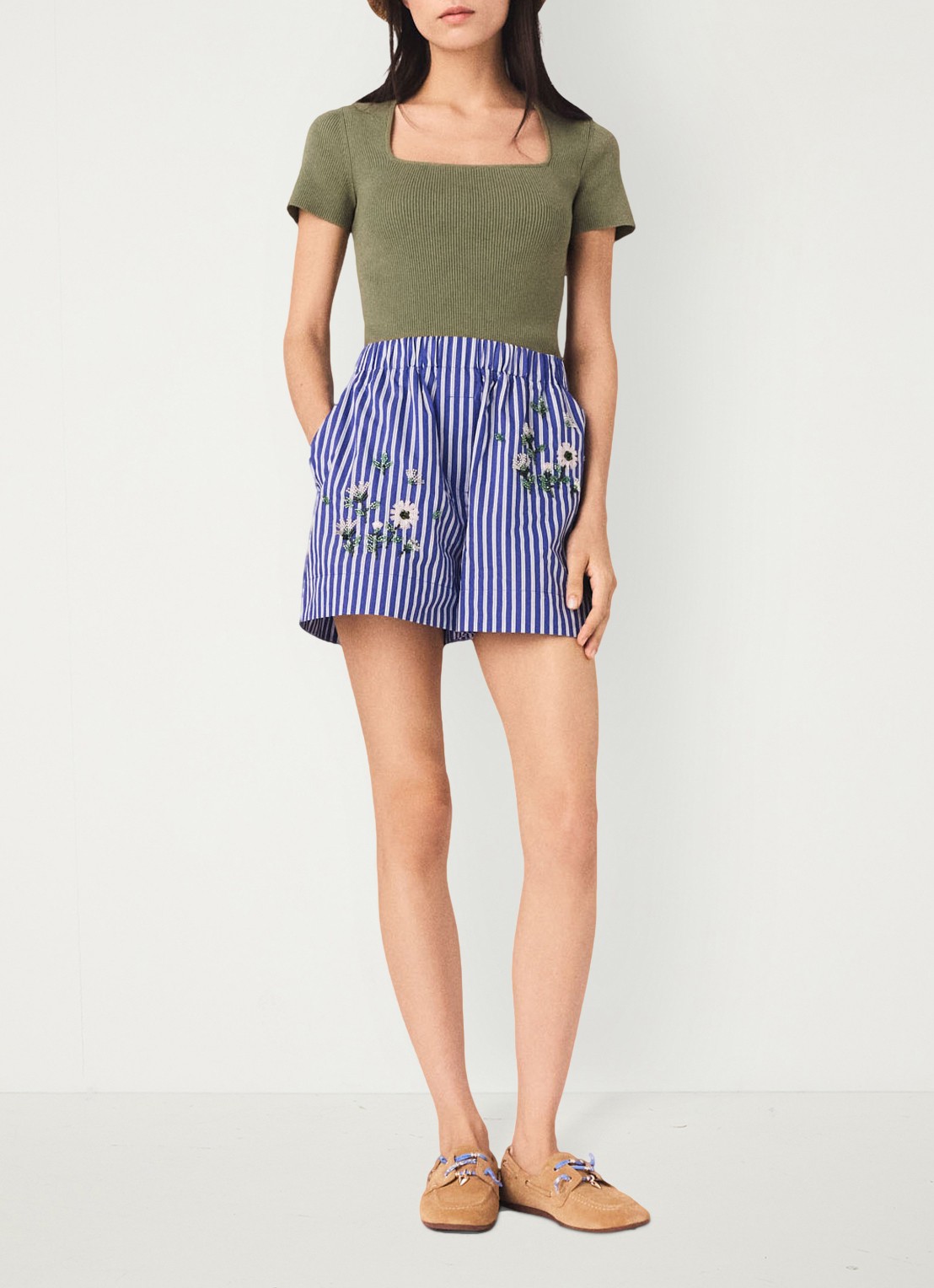 Maje Ipearl high waist wide fit korte broek met streepprint - voorkant 6 blauw