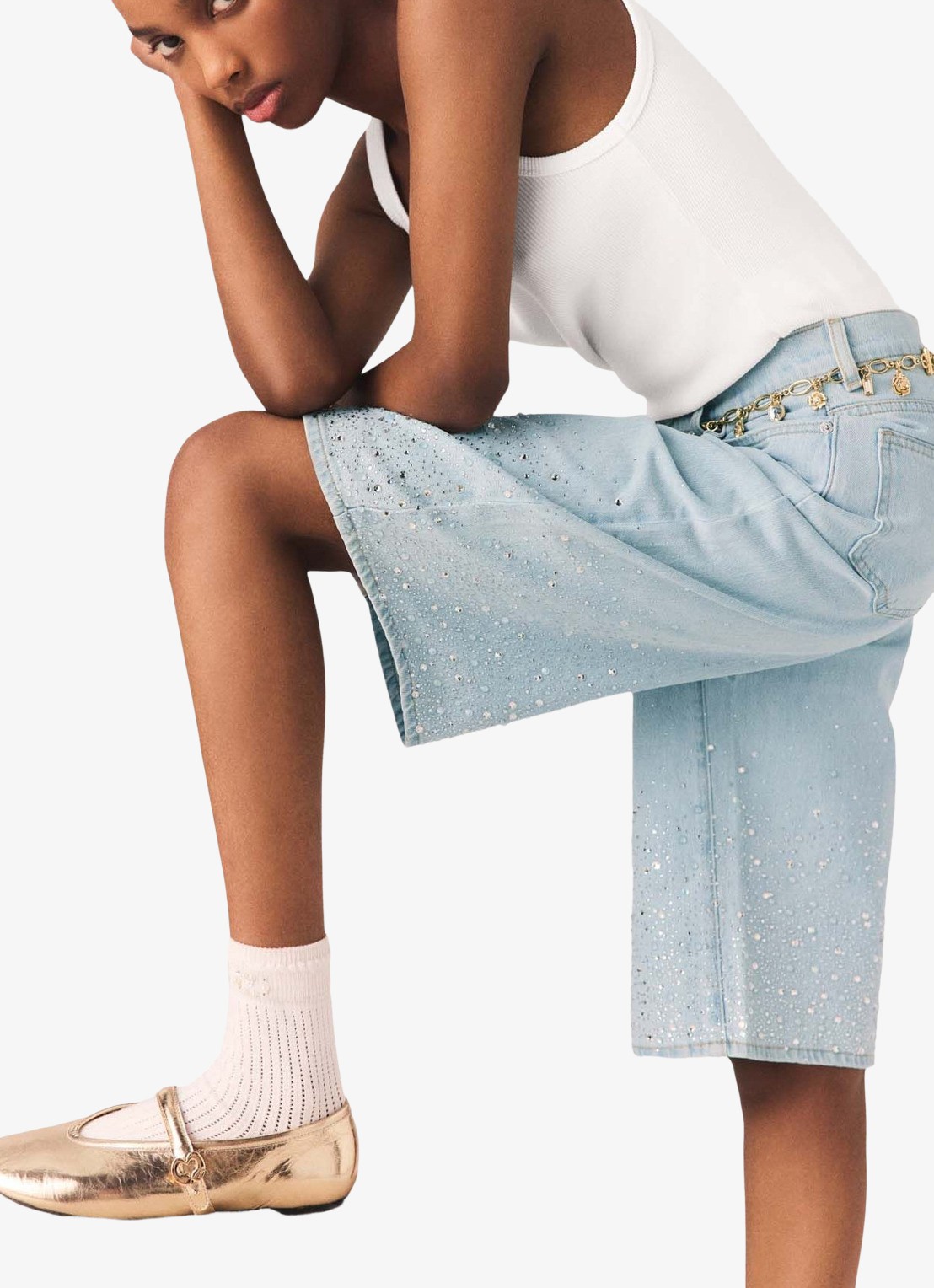 Maje Ipyros loose fit korte broek van denim met strass - detail 2 indigo