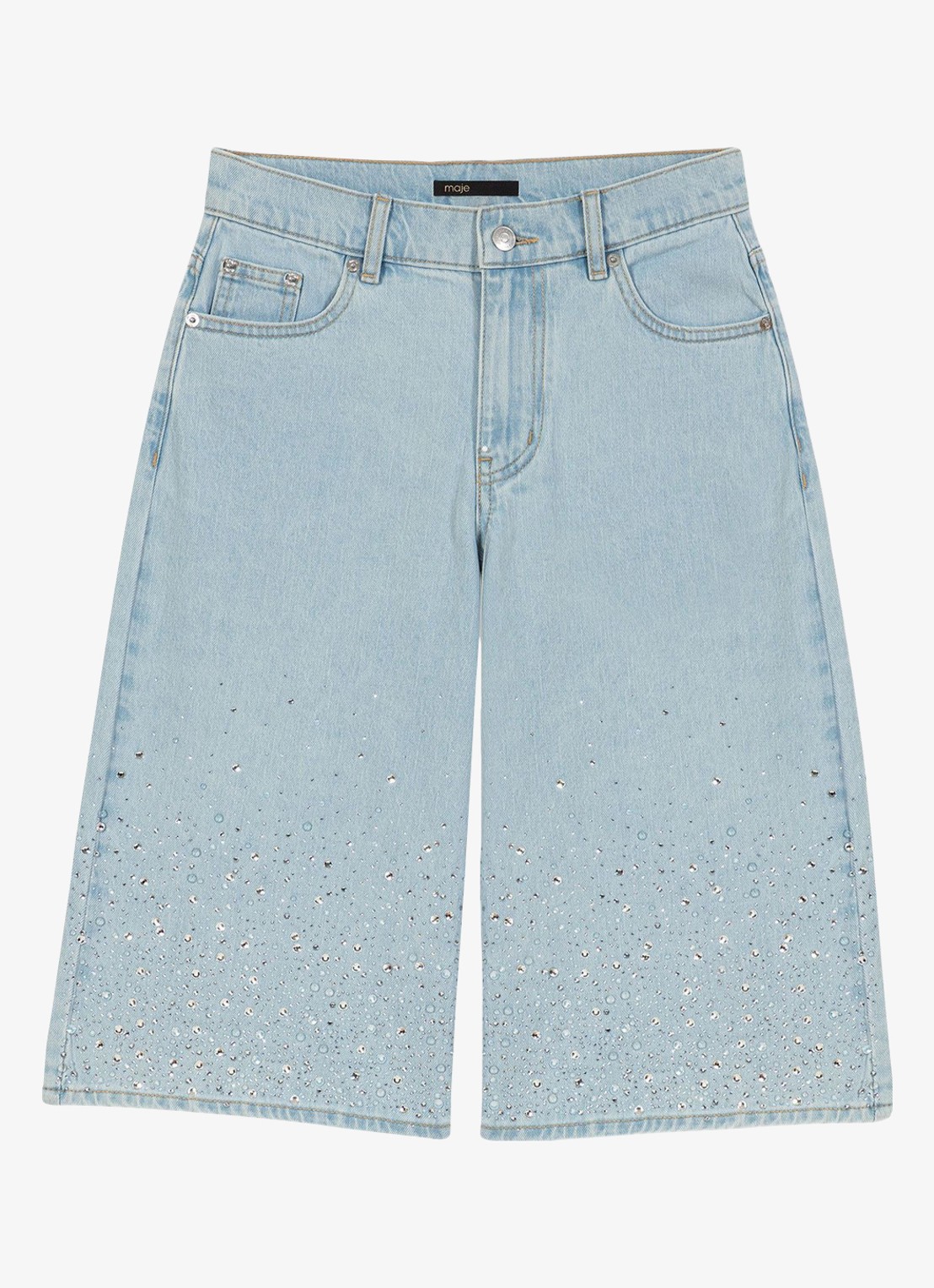Maje Ipyros loose fit korte broek van denim met strass - voorkant 4 indigo