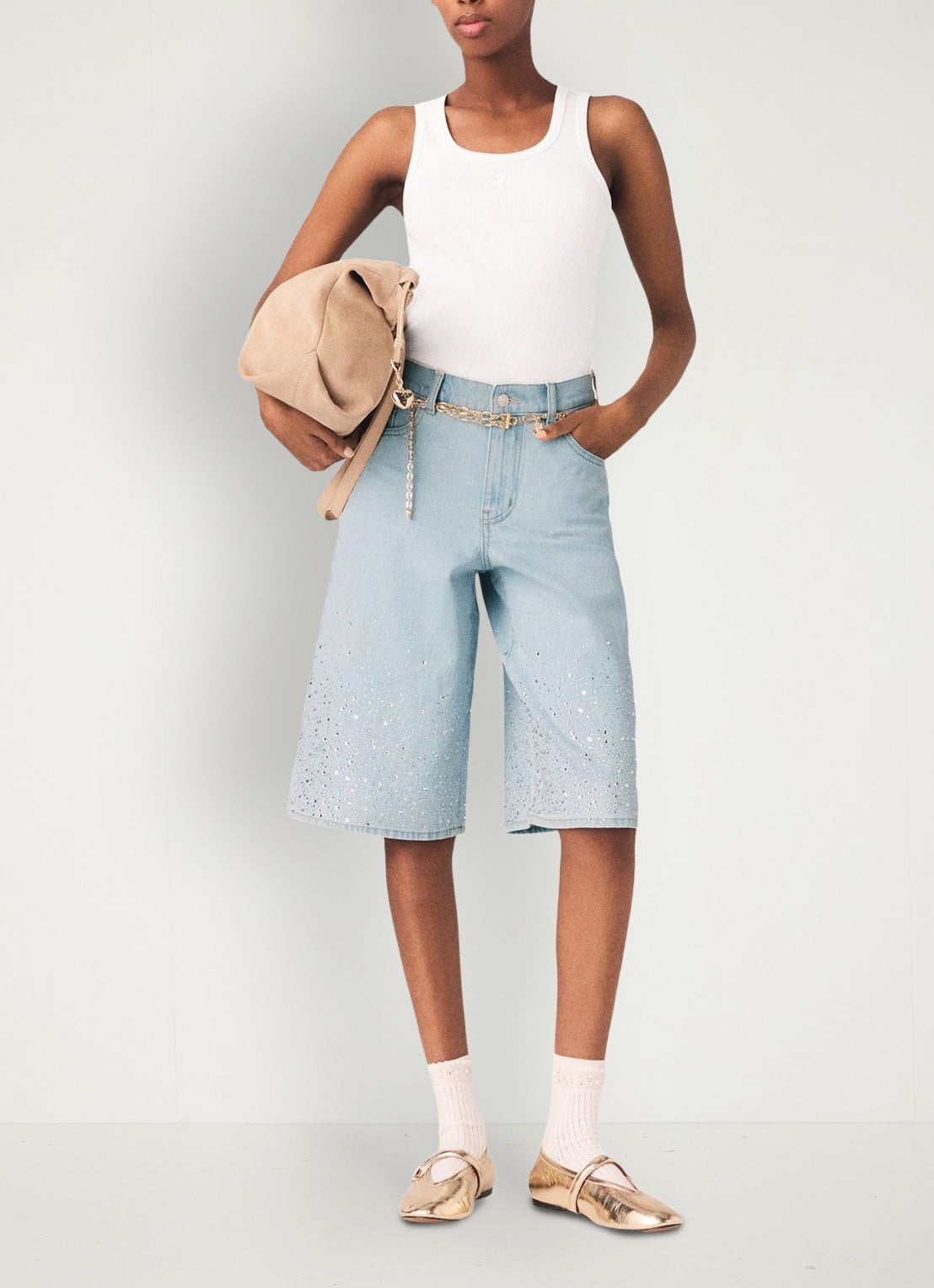 Maje Ipyros loose fit korte broek van denim met strass - voorkant 5 indigo