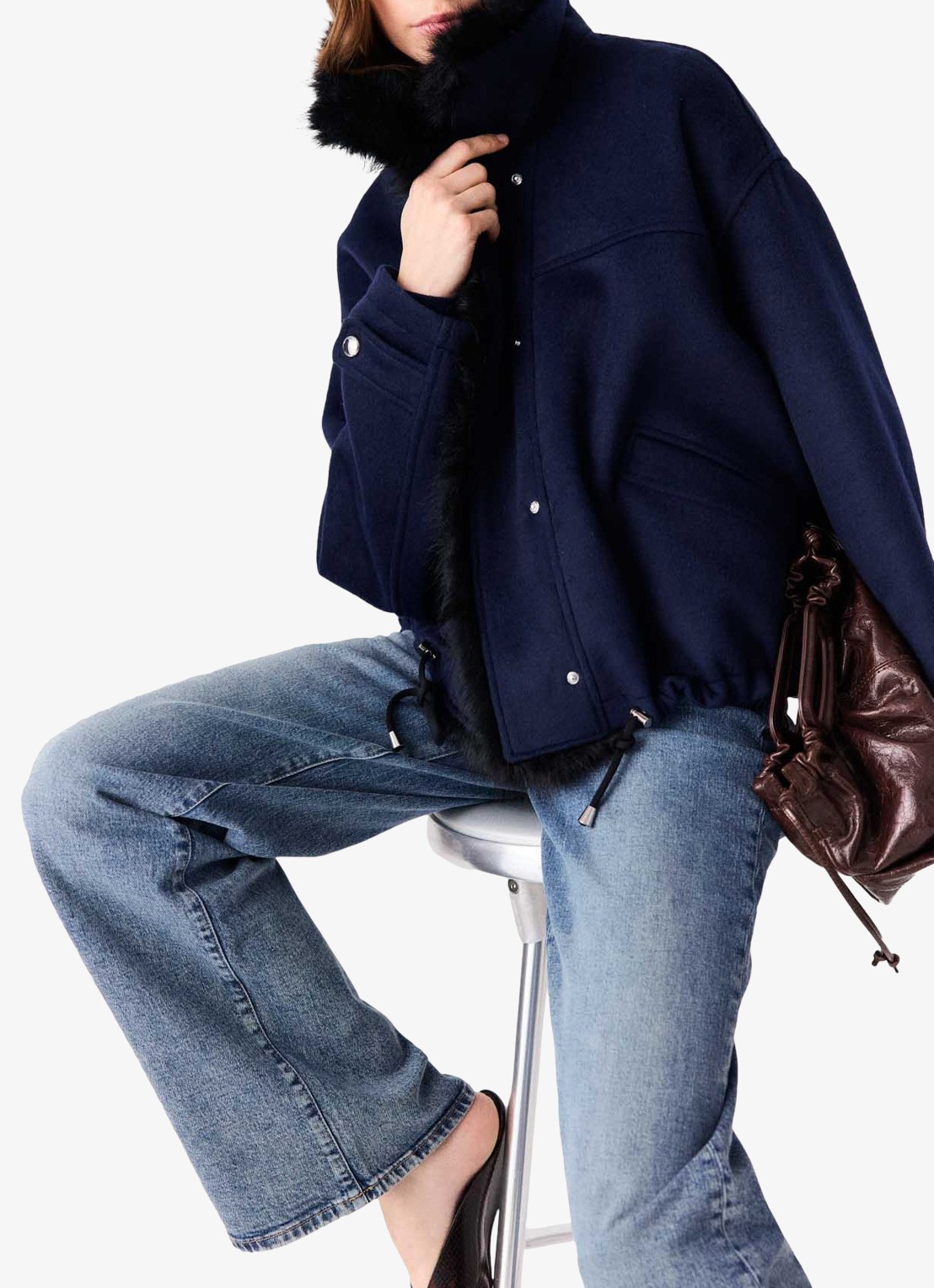 Maje Jack in wolblend met details van imitatiebont en steekzakken - detail 5 donkerblauw