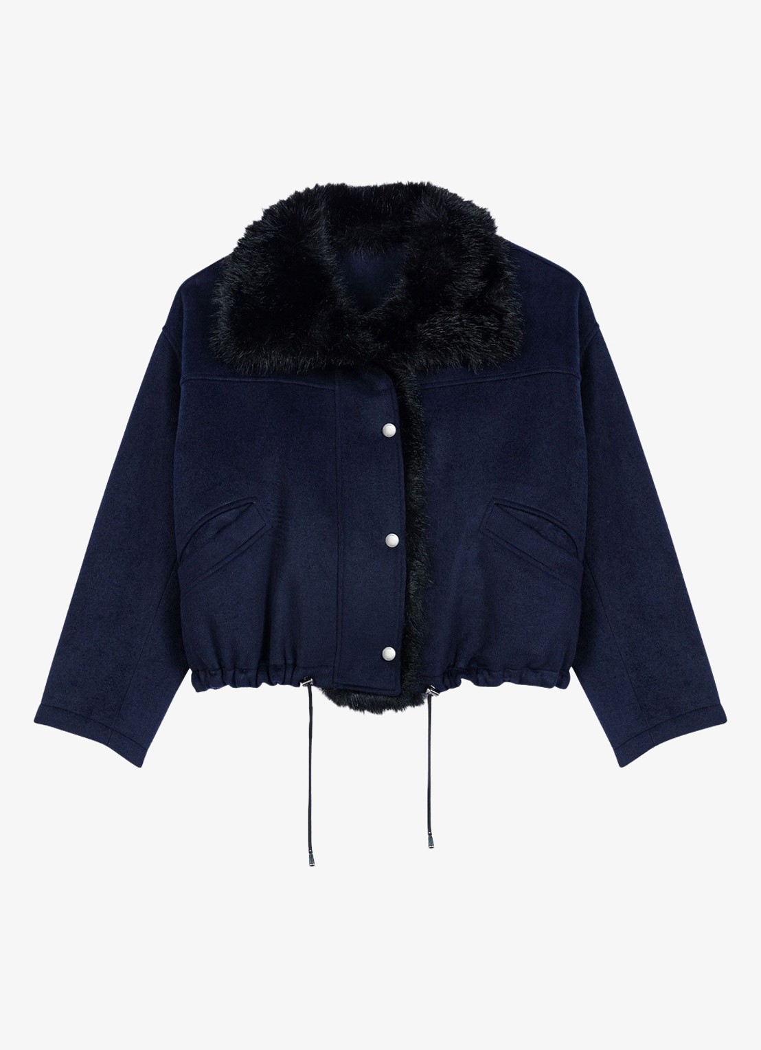 Maje Jack in wolblend met details van imitatiebont en steekzakken - voorkant donkerblauw