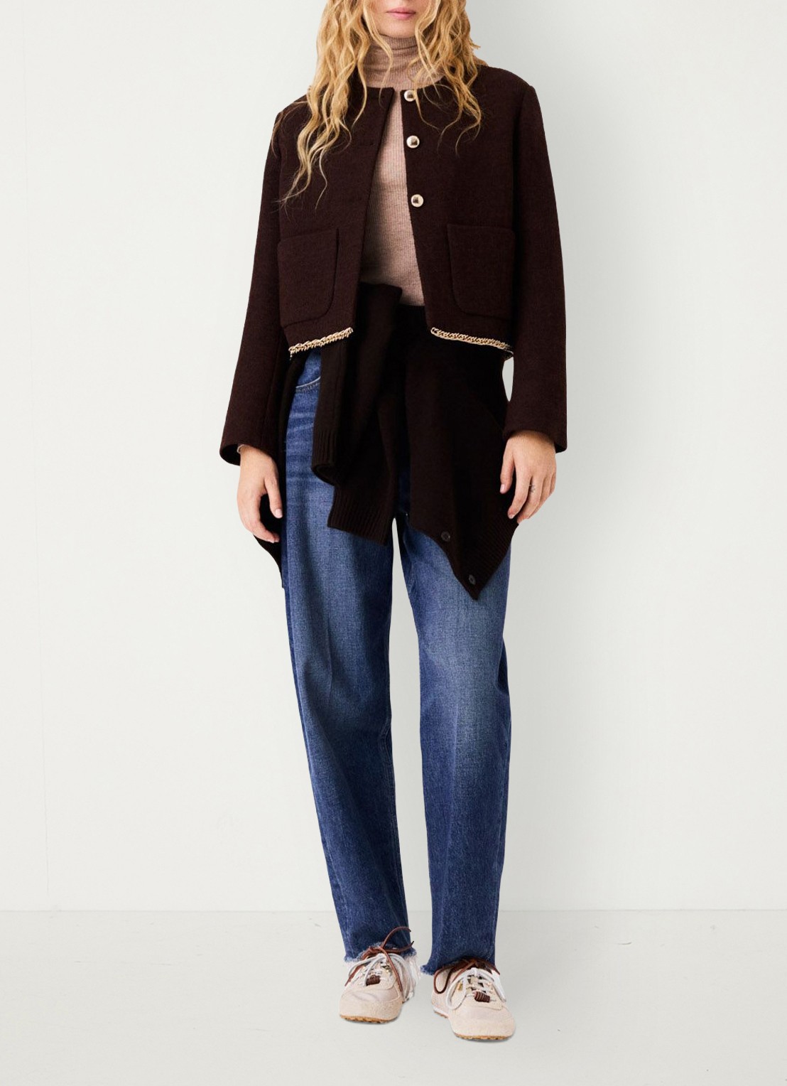 Maje Jack met tweed-look en kettingdetail - voorkant 7 donkerbruin