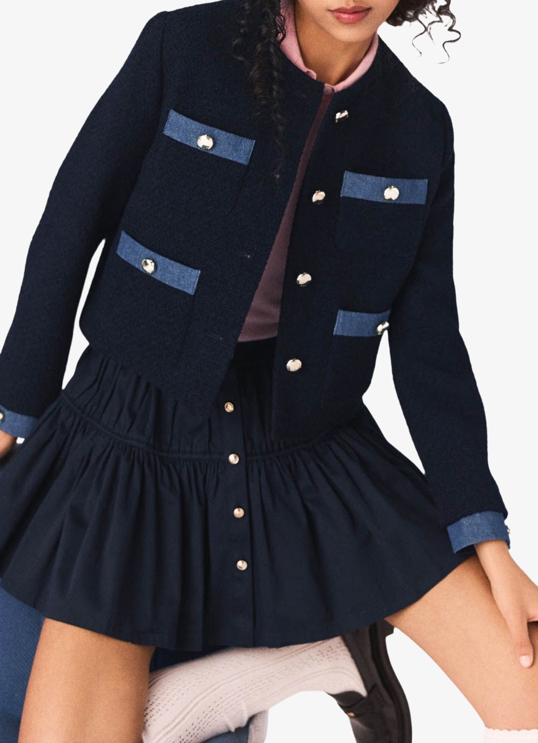 Maje Jack van bouclé met details van denim en opgestikte zakken - detail donkerblauw