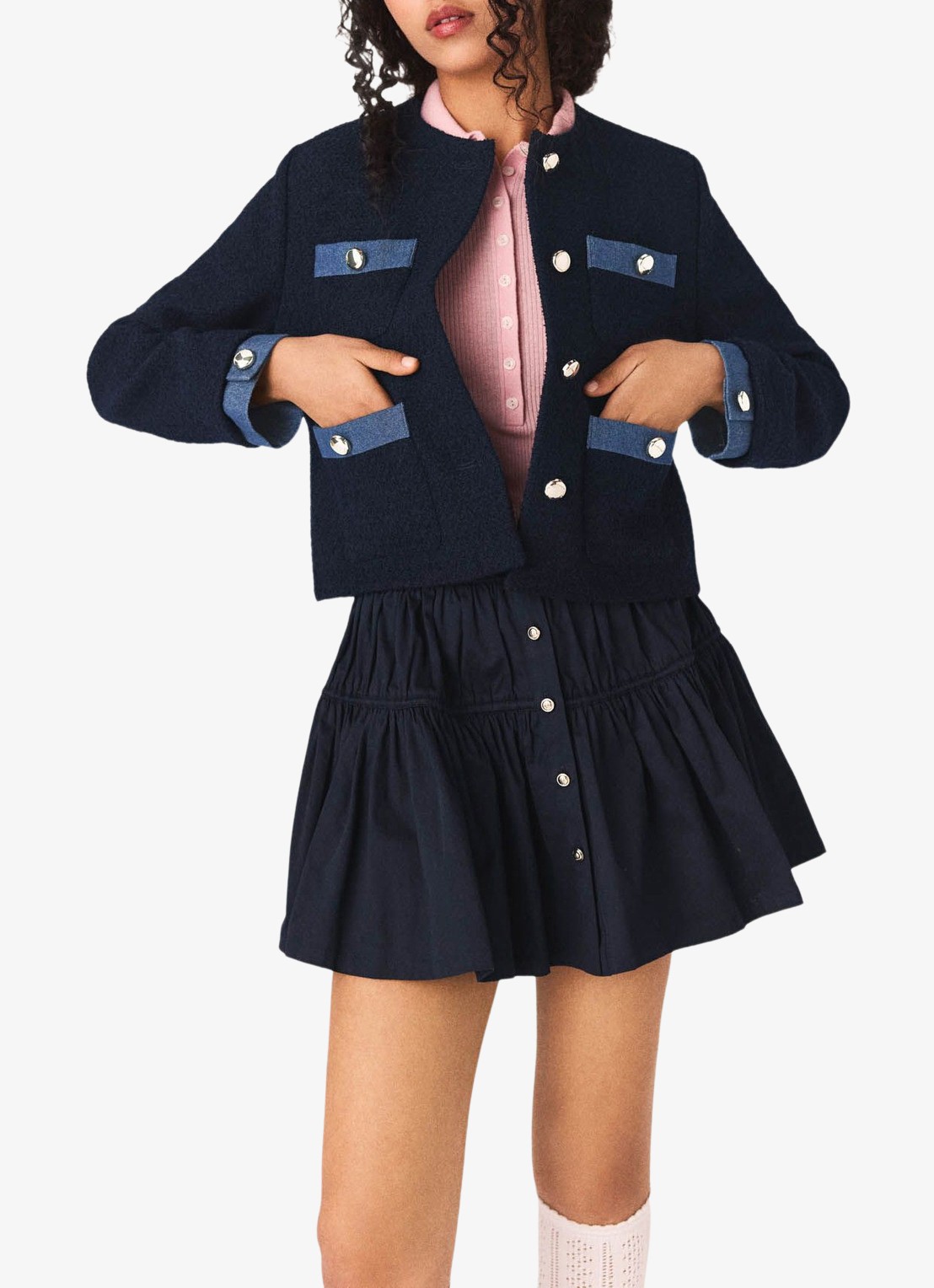 Maje Jack van bouclé met details van denim en opgestikte zakken - detail 4 donkerblauw