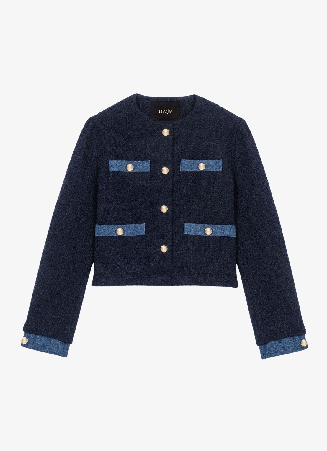 Maje Jack van bouclé met details van denim en opgestikte zakken - voorkant 6 donkerblauw