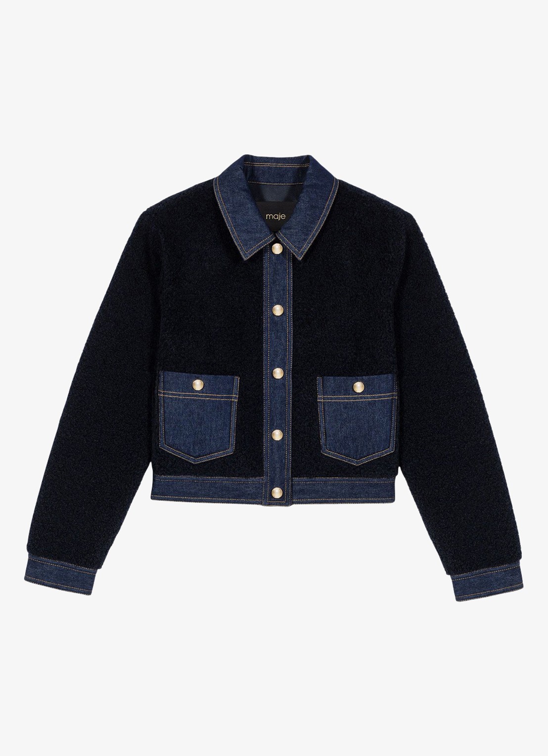 Maje Jack van bouclé  met details van denim - voorkant 2 donkerblauw